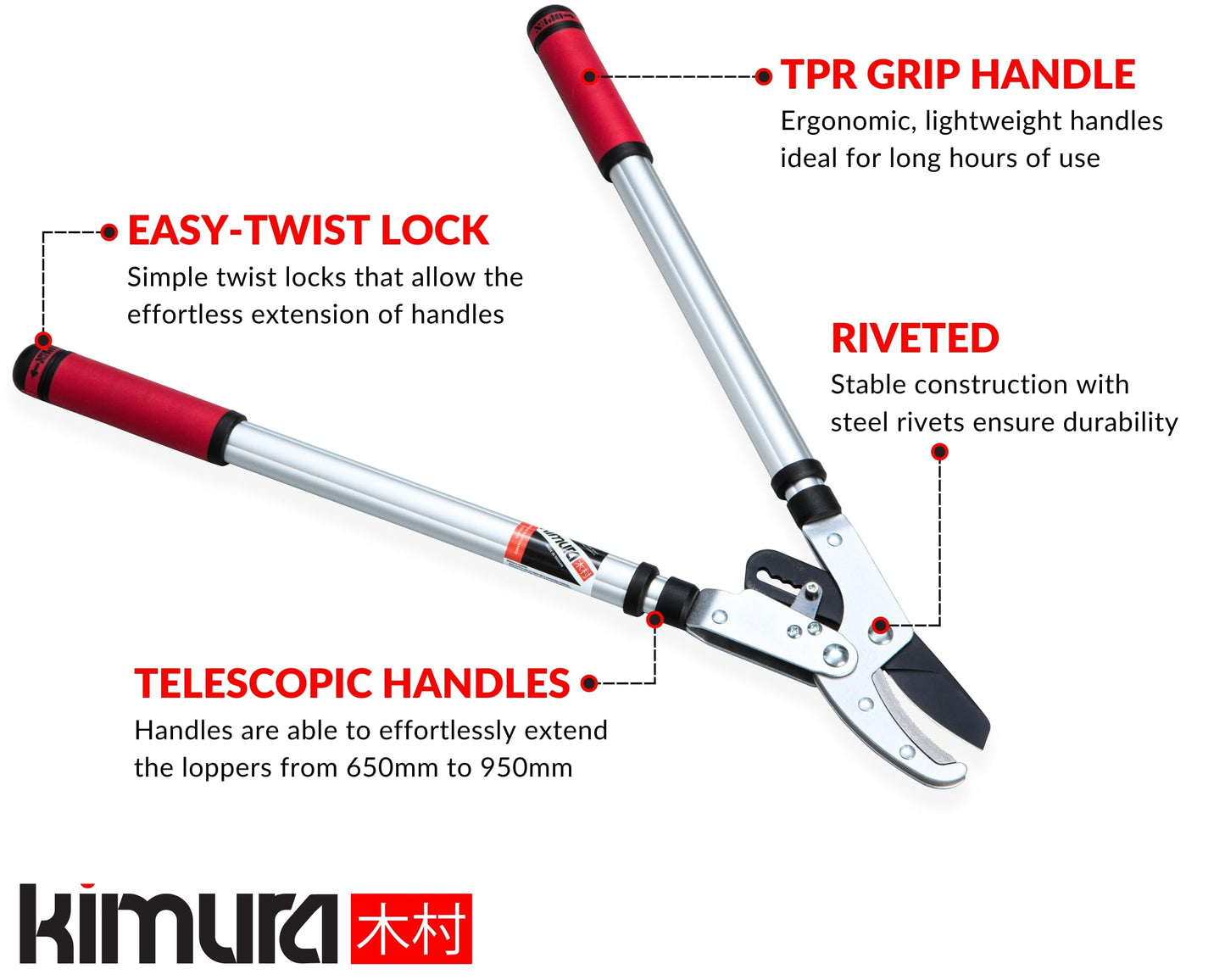 Kimura® Pro Heavy Duty Garden Loppers - 25-37", Premium Anvil Lopper with Advanced Ratchet Mechanism, Lightweight Telescopic Handles, Japanese SK5 Steel Blades, Extendable Garden Loppers