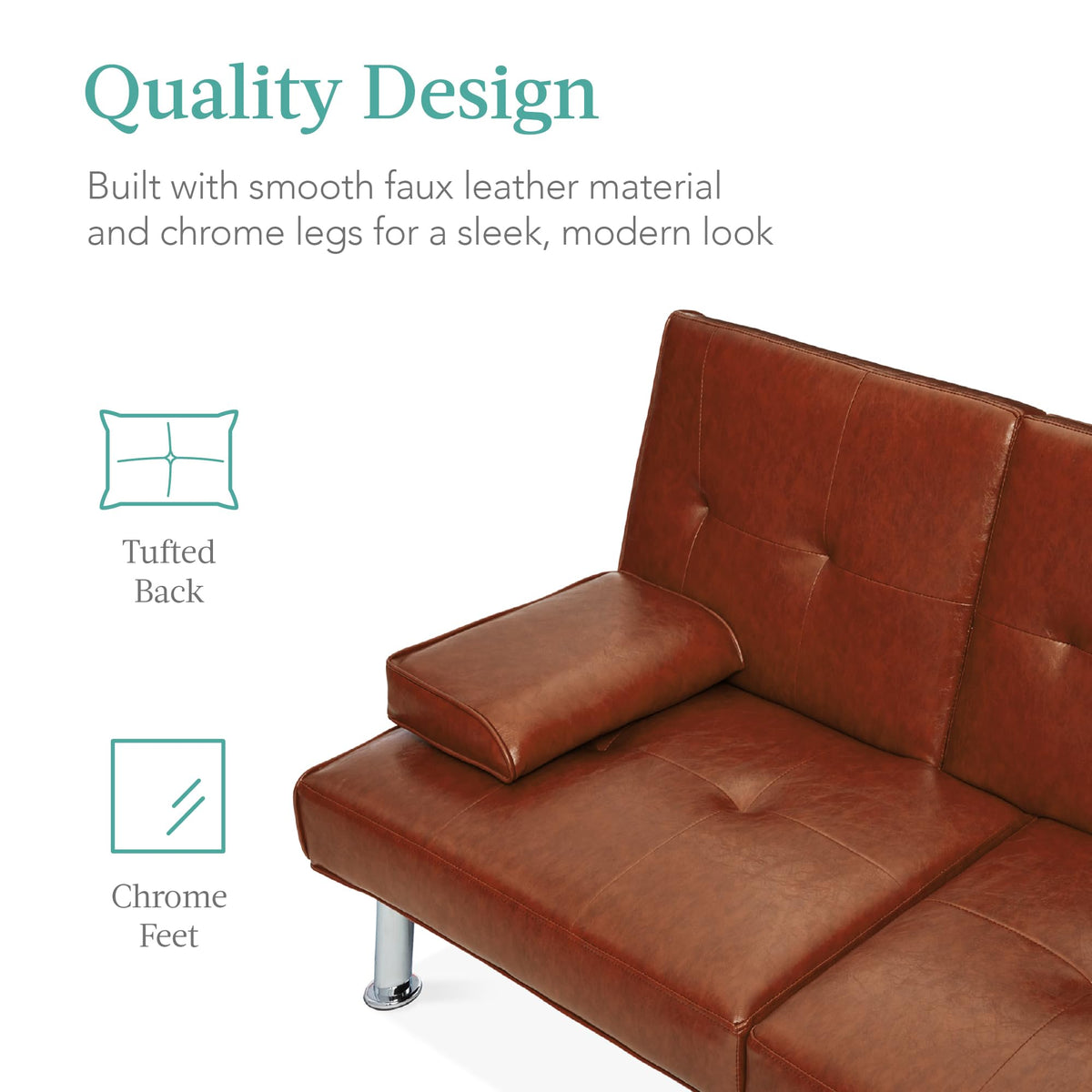 Best Choice Products Faux Leather Upholstered Modern Convertible Futon, Adjustable Folding Sofa Bed, Guest Bed w/Removable Armrests - Medium Brown