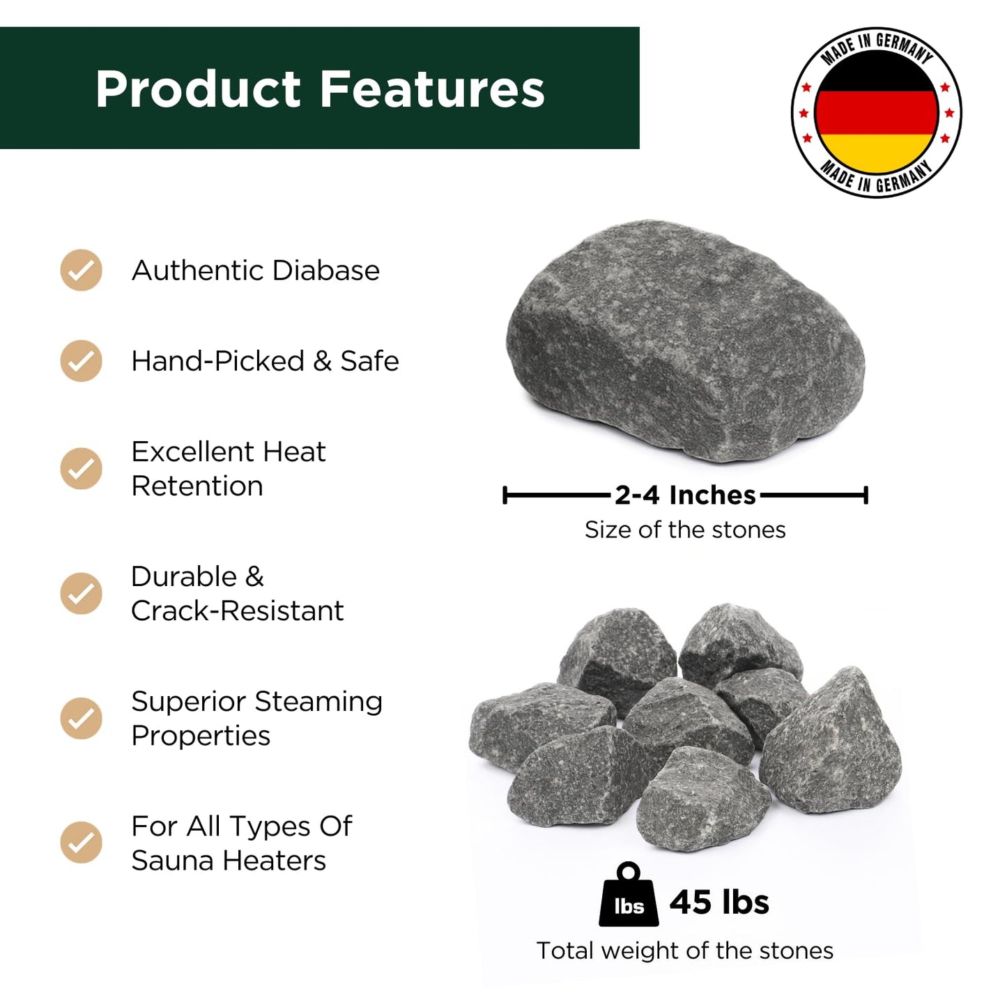 Northwood Sauna - Sauna Stones - Authentic Diabase Sauna Heater Rocks from Germany - Superior Heat & Steam - 2-4 Inches (5-10 cm), 45 Pounds (20 kg)