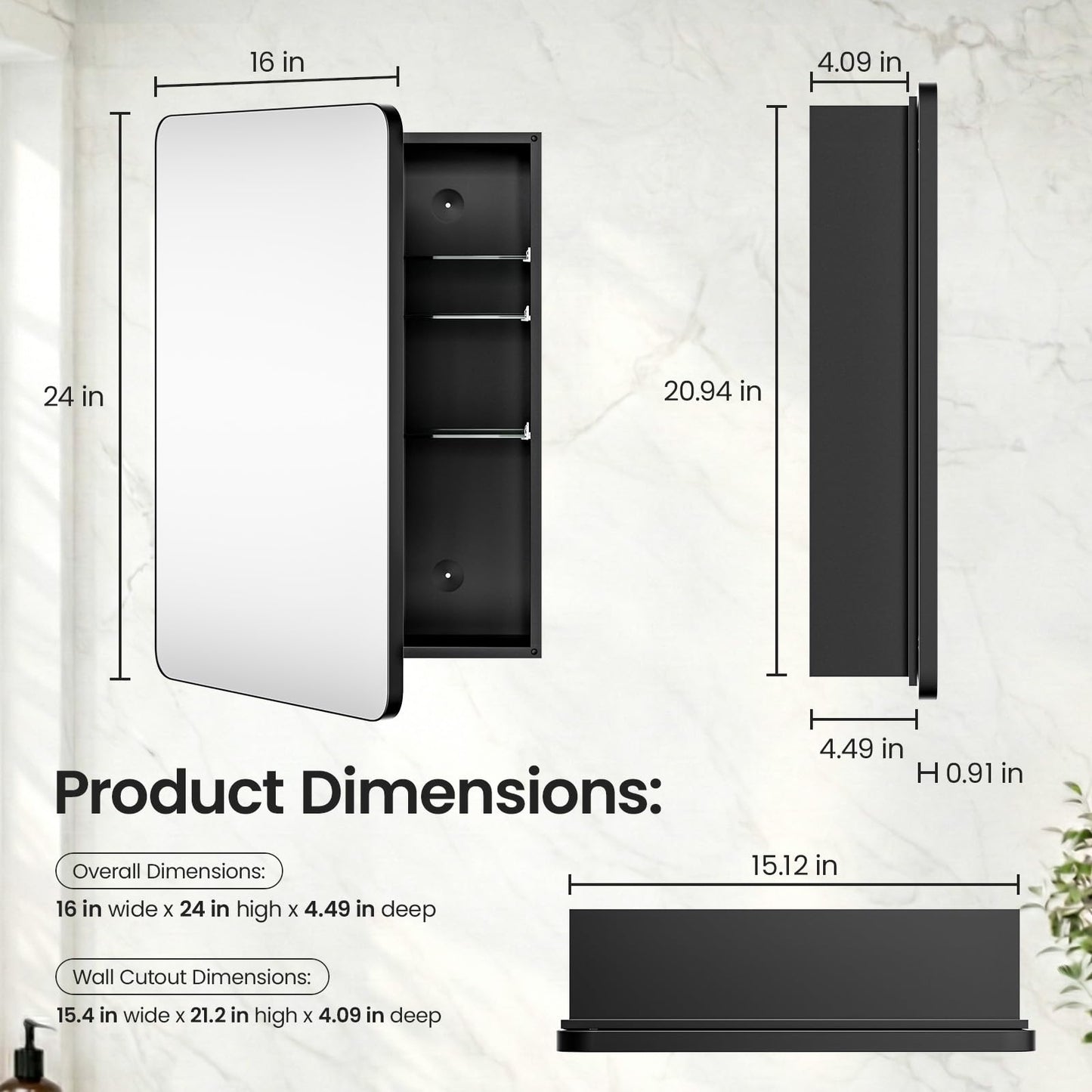 GoTiling 16x24 Medicine Cabinet with Mirror, Aluminum Bathroom Wall Organizer, Pre-Assembled, Center Partition for Tall Bottles, 6 Adjustable Shelves, Soft-Close, Recessed/Surface Mount, Matte Black