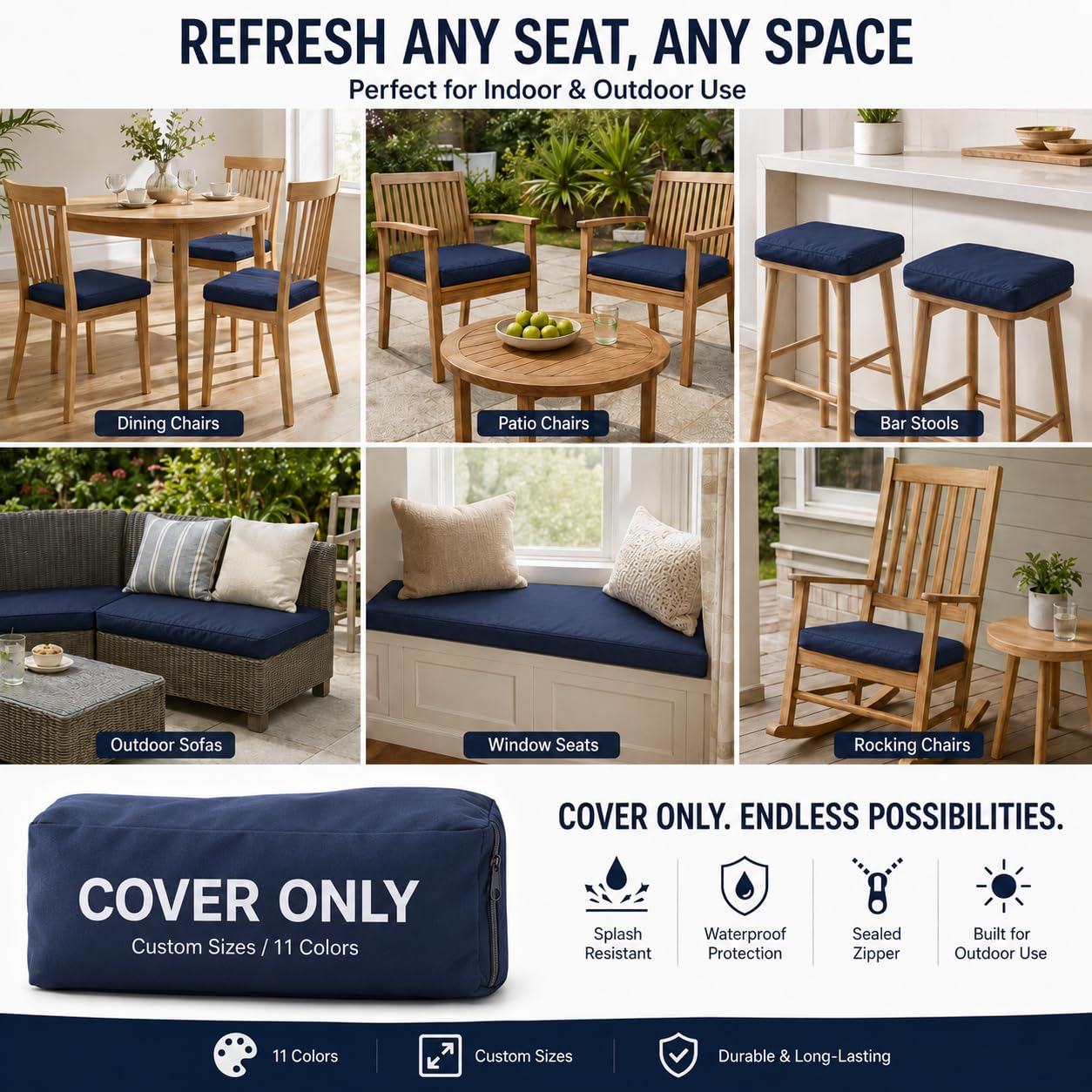 Custom Size Waterproof Cushion Covers with Zipper, Made to Measure Outdoor Patio Furniture Cushion Cover Replacement, 600D Oxford Bench Chair Sofa Seat Slipcover, Cover Only, Any Size & Shape