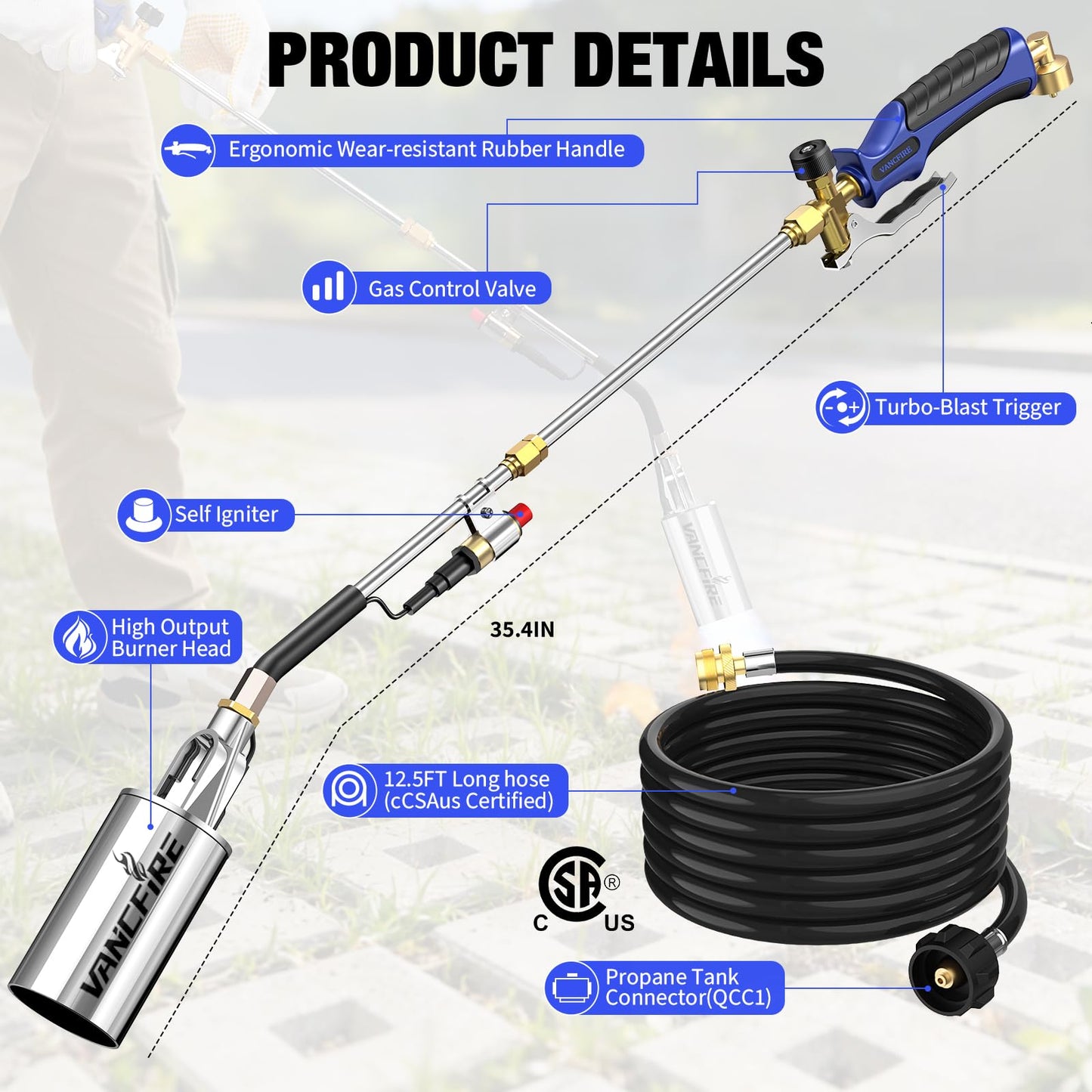 Propane Torch Weed Burner Kit with Storage Bag,35.4" High Output Blow Torch with Long/Short Mode & 12.5FT Hose,Heavy Duty Flamethrower with Turbo Trigger for Weeding,Asphalt Melting,Ice Snow Melting