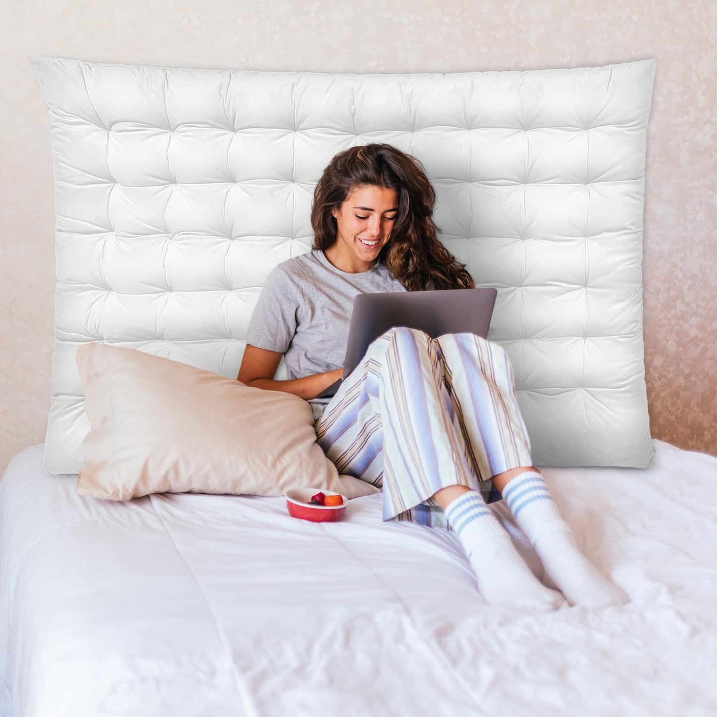Threehoney College Dorm Headboard Twin XL Velvet Ultra Thick Cushion Tufted Headboard with Wall Hooks for College Dorm Room Bed Decor, 39.25" x 34" x 3.15"(White)