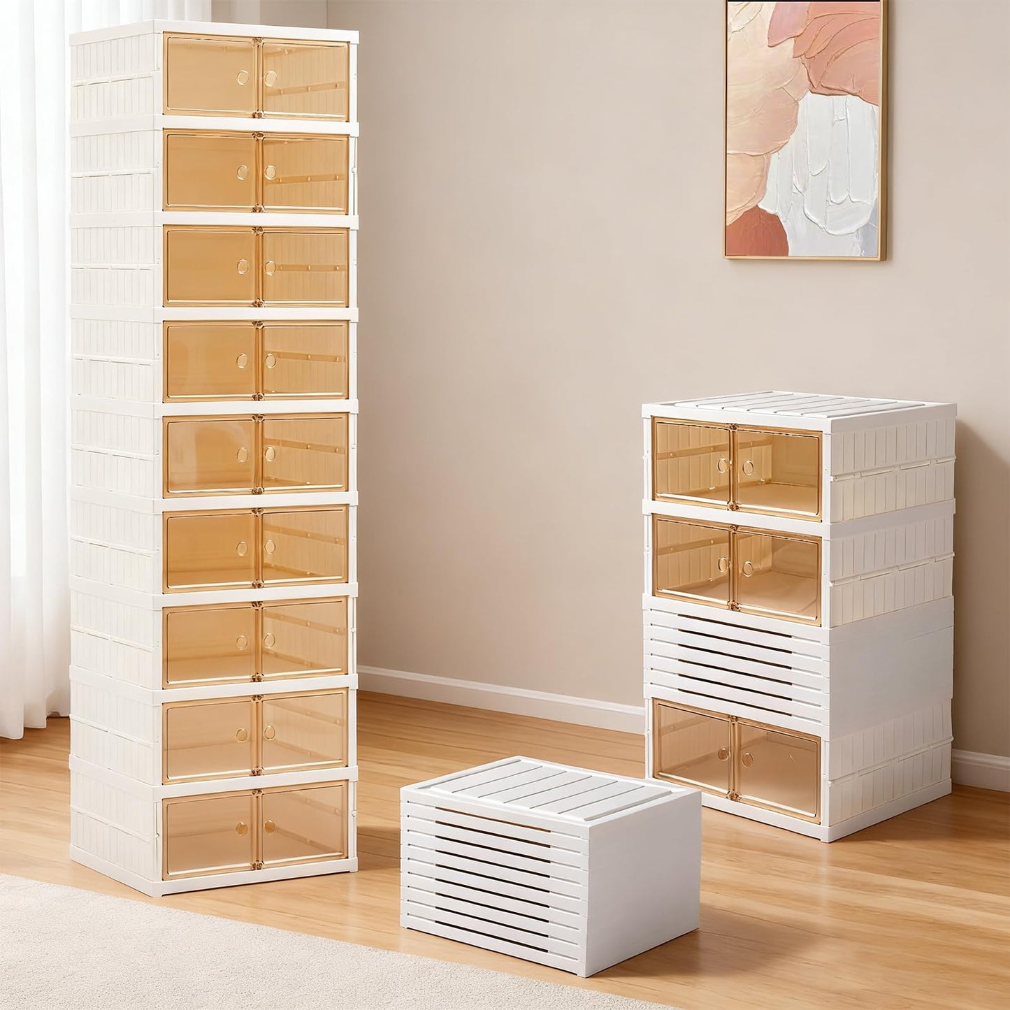 Foldable Shoe Rack Organizer Collapsible Shoe Storage Organizer with Doors, Large Plastic Folding Shoe Rack, Clear Stackable Shoe Boxes Easy Assembly Shoe Cabinet for Entryway (9 Tiers-18 Pairs)