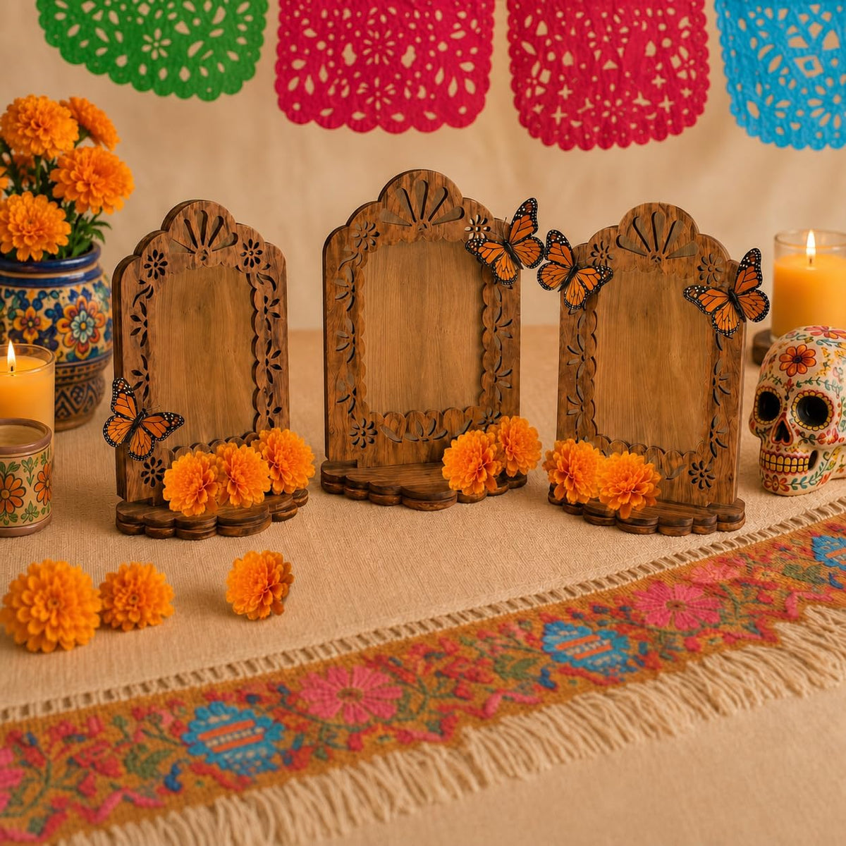 GAGEC 10Pcs Dia De Los Muertos Picture Frame Ofrenda Frame Day of The Dead Photo Frame Wooden Shadow Box 30 Artificial Marigold Flower 20 Butterfly for Day of The Dead Decoration