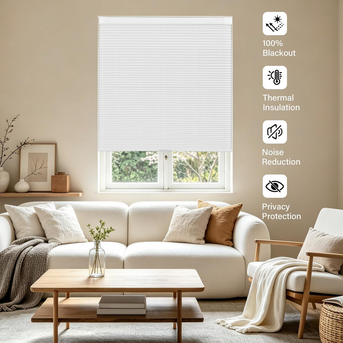 SUNOFF Cordless No Drill Blackout Cellular Shades, 34" W x 64" H, White