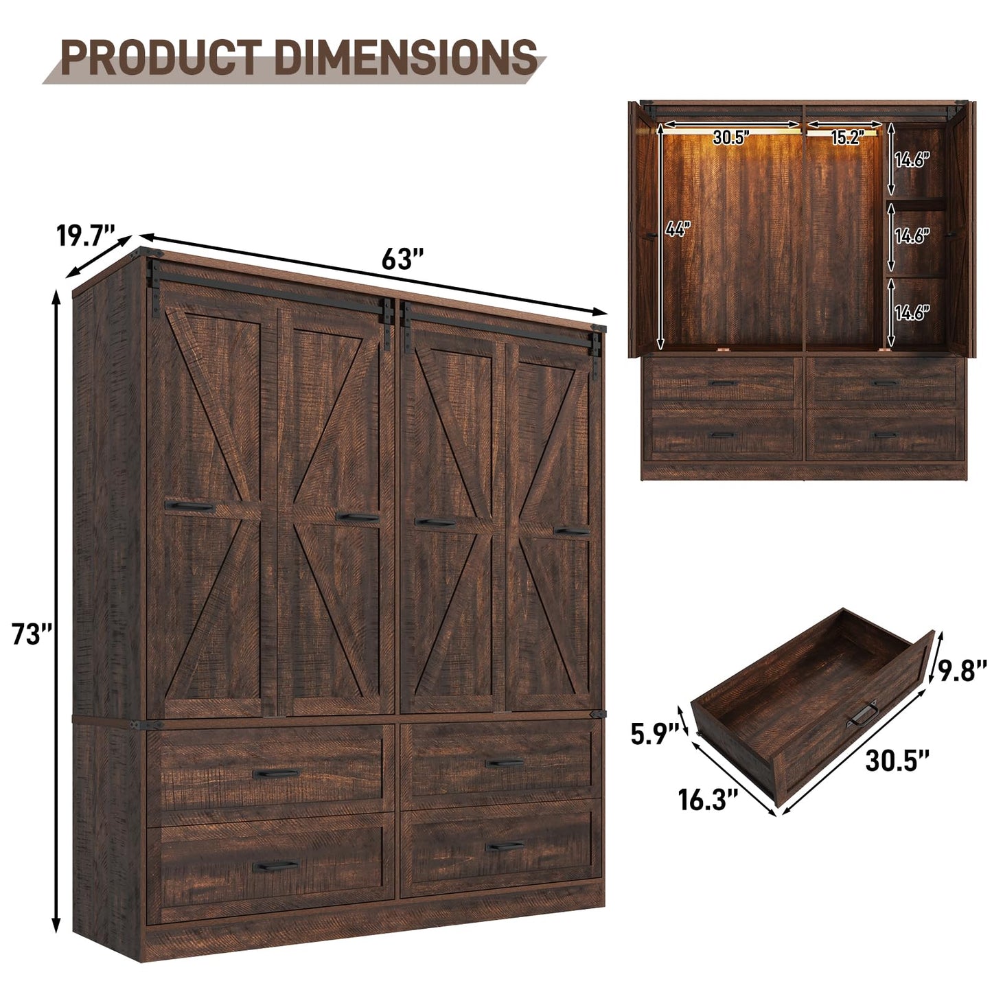 Farmhouse 4 Doors Armoire Wardrobe Closet w/Folding Sliding Barn Door and Lights, LED Armoire Closet w/Drawers for Bedroom, Freestanding Wooden Wardrobe Storage Closets w/Hanging Rod,Rustic Brown