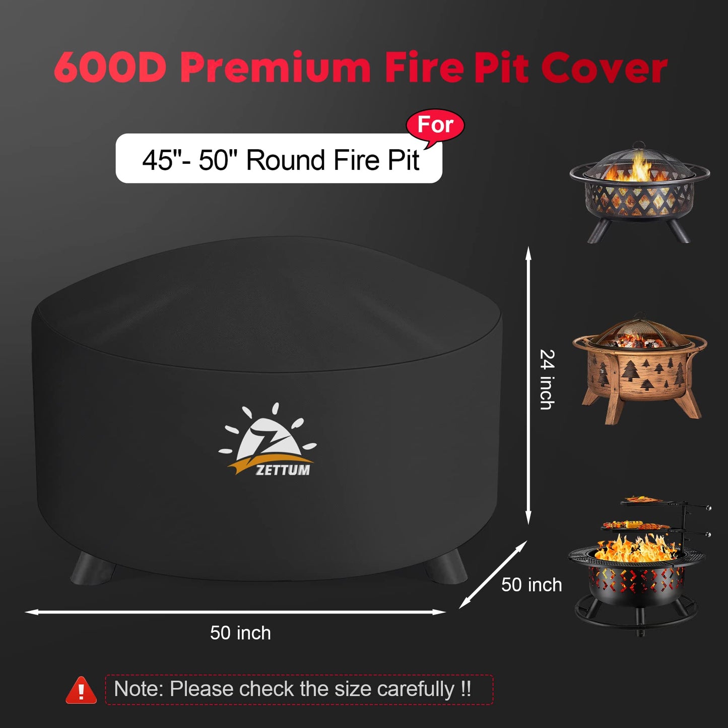 Zettum Fire Pit Cover Round 50 Inch - Outdoor Firepit Cover Heavy Duty & Waterproof, 600D Patio Fire Table Cover Large Gas Fire Pit Accessories Fade & Weather Resistant - 50 x 50 x 24 Inch