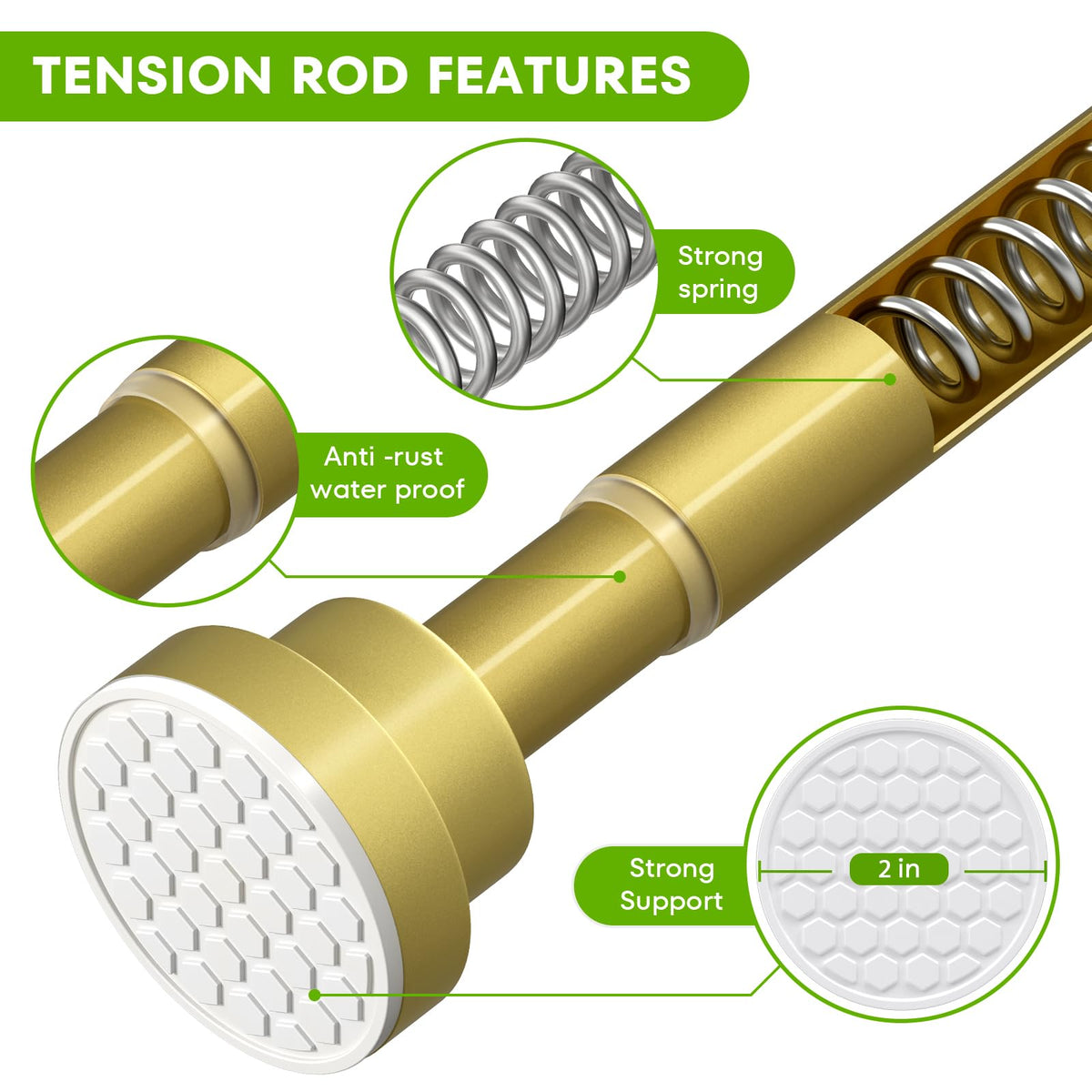 2 Pack Tension Curtain Rod 28-48Inch Curtain Rods for Windows Gold Spring Curtain Rod no Drilling Adjustable Expandable Tension Rods for Windows,Doorway,Closet,Bedroom
