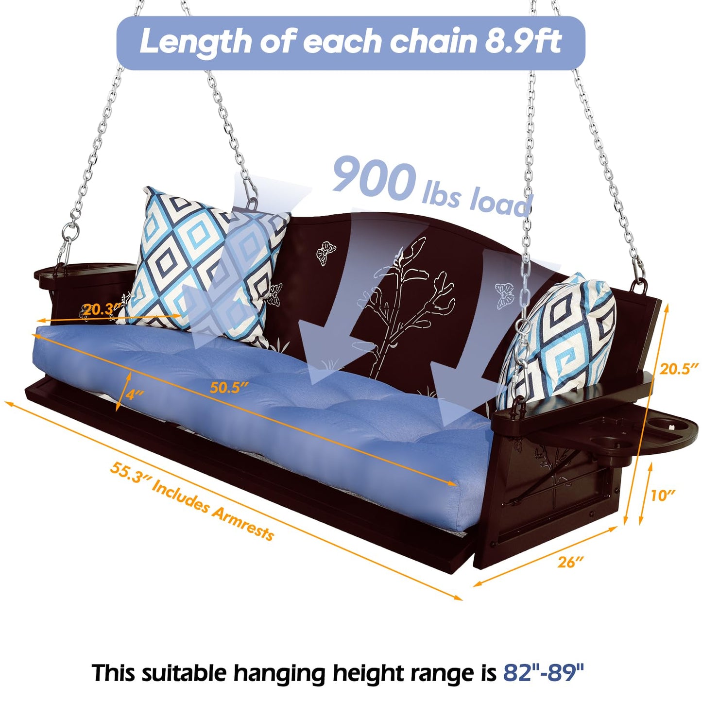 3-Seat Metal Porch Swing 900 LBS Heavy Duty Hanging Bench with Upgraded Tray & Cushions Rust-Resistant Finish Swing Chair with 8.9FT Chains for Patio Lawn Garden