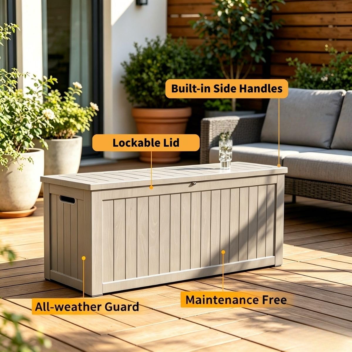 Yardgrace 270 Gallon Outdoor Storage Box, Waterproof Resin Deck Container with Lockable Lid, Patio Organizer for Cushions & Garden Tools, Slate Grey
