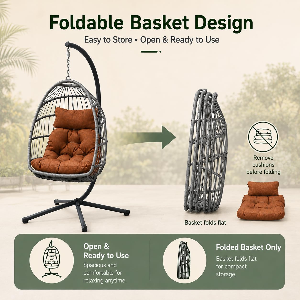 UELKS Egg Swing Chair with Stand, Indoor Outdoor Hanging Egg Chair with Thickened Metal Frame and Cushion, Foldable Patio Wicker Swinging Hammock Chair for Bedroom, Porch, Garden, Balcony