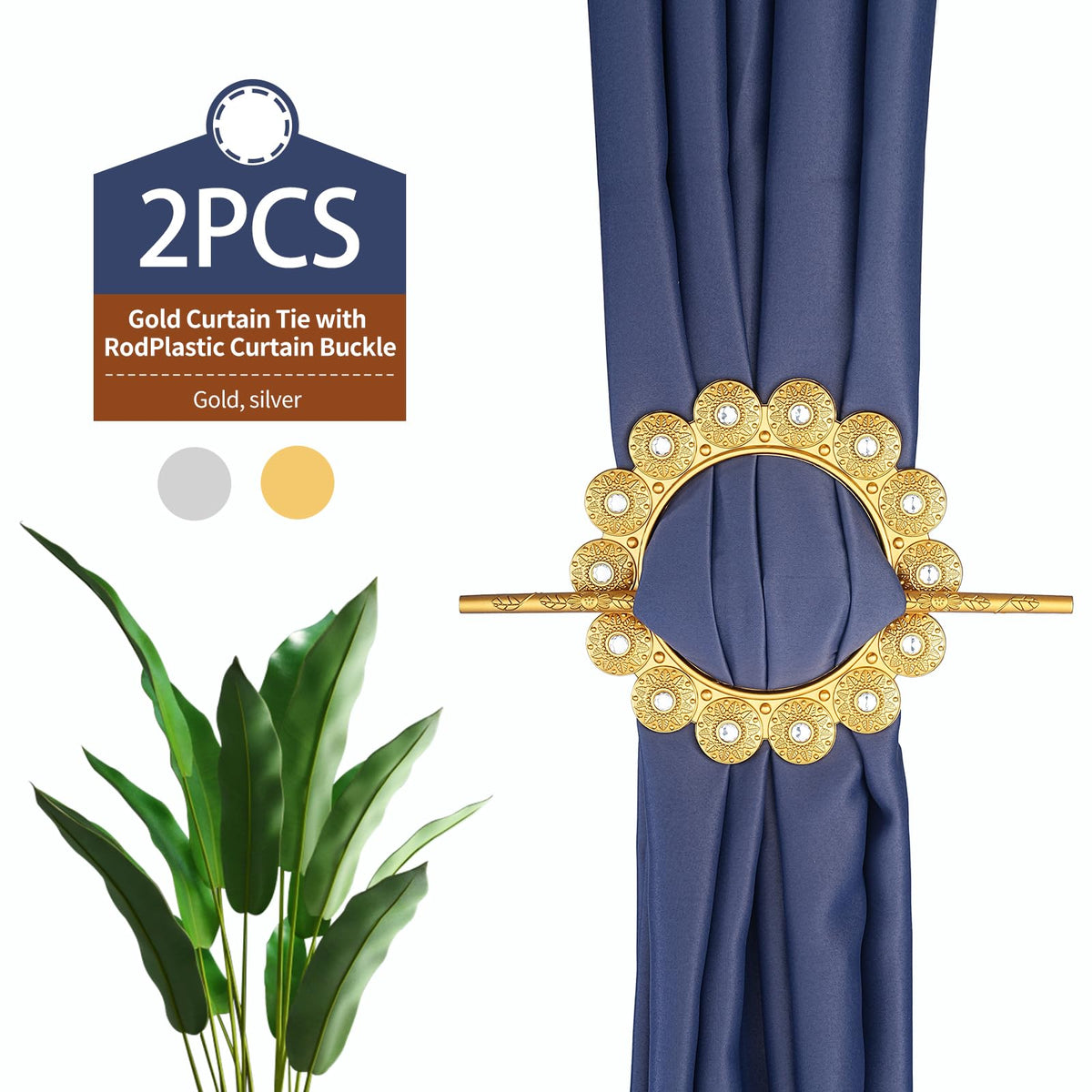 GFOZIUG Decorative Curtain Tieback Holders, Silver Metallic Crystal Ring with Rod, 2 Pack, 5.5 x 7.9 Inch Circle Design (Golden)