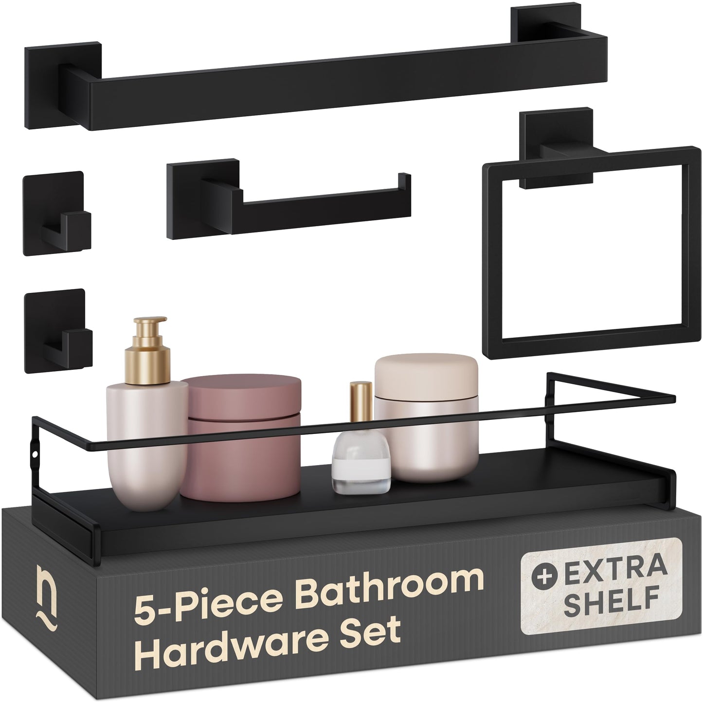 Black Bathroom Hardware Set, 5-Piece + 15.7" Shelf & 2 Adhesive Robe Hooks