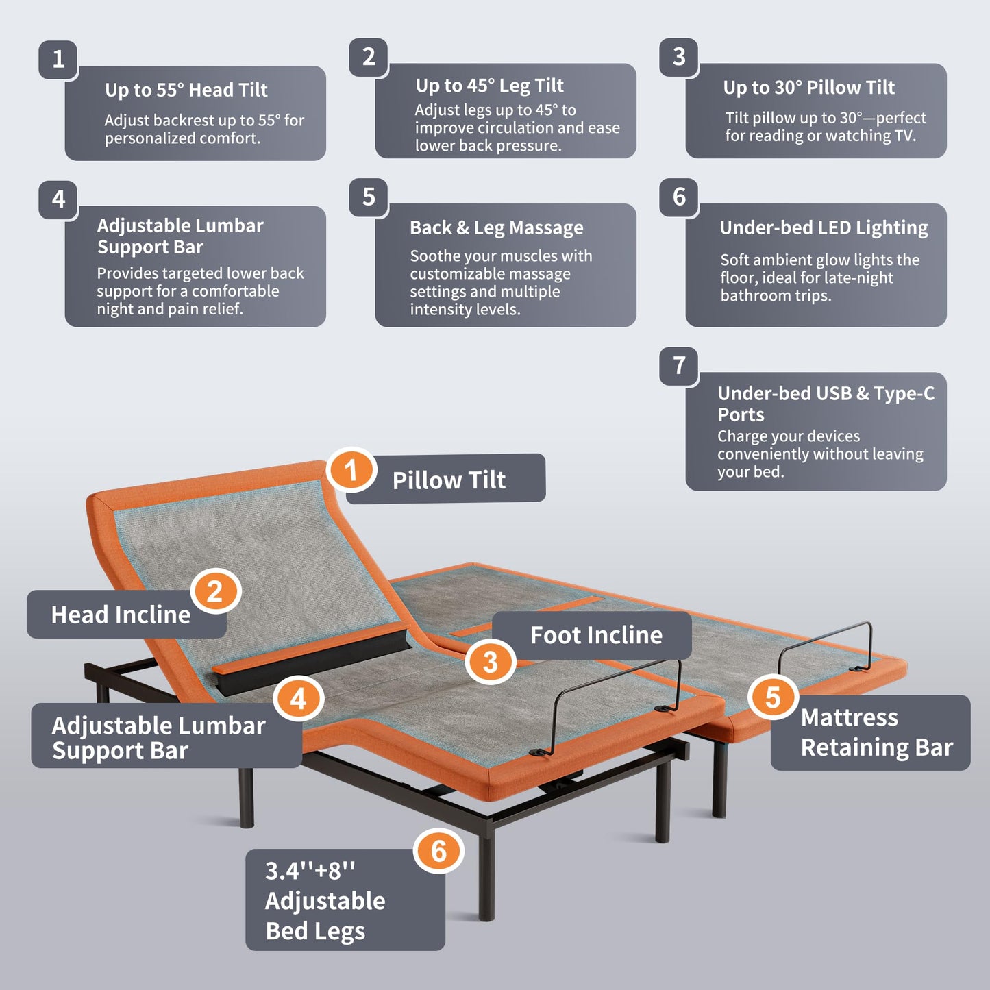 ESHINE Queen Adjustable Bed Frame with Lumbar Support Smart App