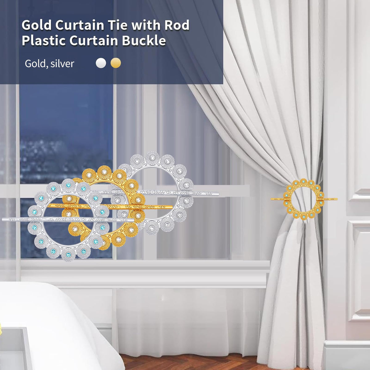 GFOZIUG Decorative Curtain Tieback Holders, Silver Metallic Crystal Ring with Rod, 2 Pack, 5.5 x 7.9 Inch Circle Design (Golden)