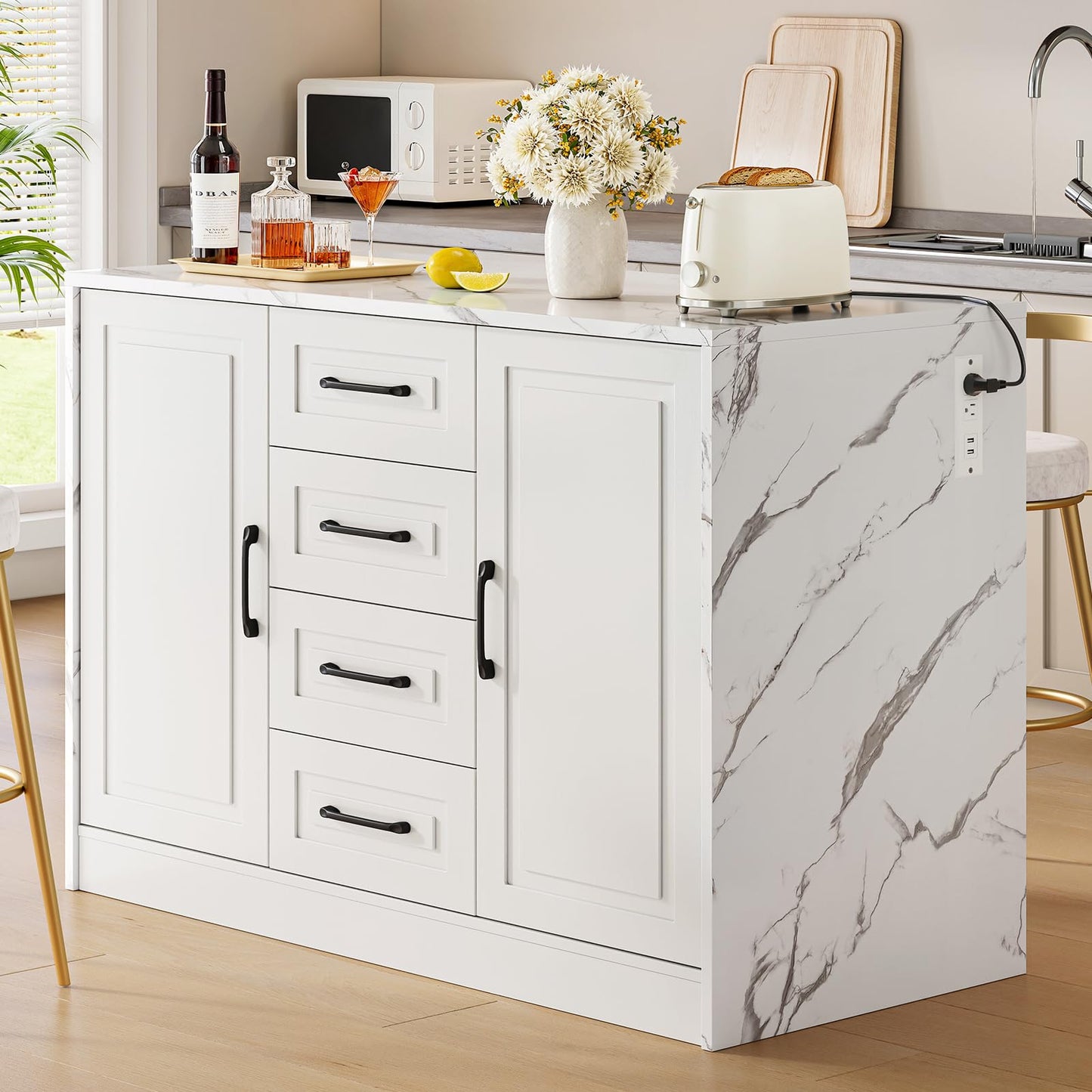 ONBRILL 47.3" Kitchen Island with 2 Storage Cabinets & 4 Drawers, Modern Imitation Marble Dining Table with Power Outlet, Island Bar Table for Kitchen, Dining Room, Living Room, White