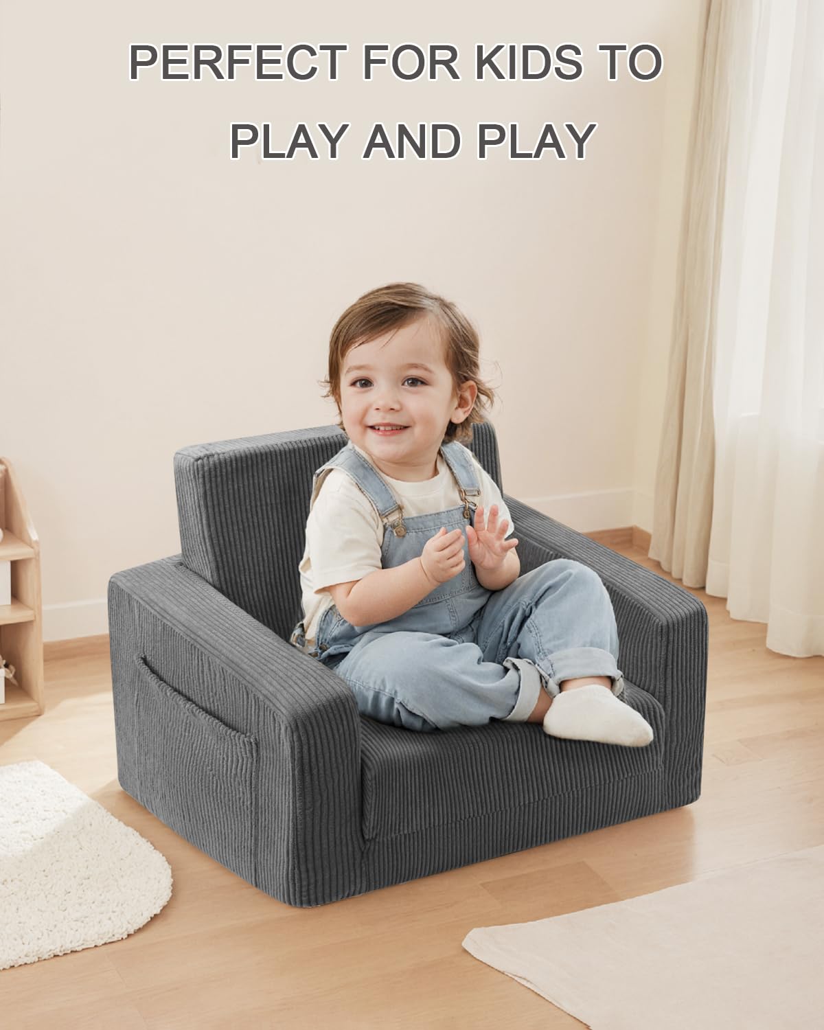 Jouha Kids Chair and Couch, 2-in-1 Fold-Out Kids Sofa, Soft Convertible Seating, Comfy Kids Chair for Boys and Girls, Grey