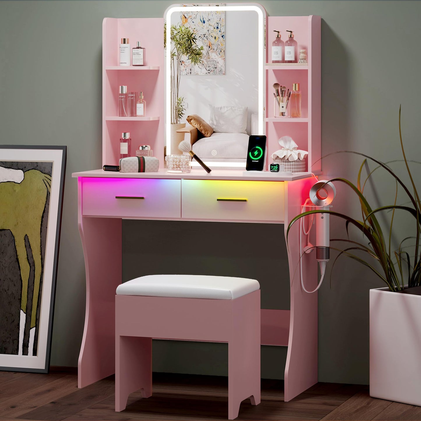 Small Vanity Desk with Mirror and Lights, Makeup Vanity with LED Lights, Pink Vanity Mirror with Lighted Desk and Chair, 3 Lighting Adjustable Compact Dressing Table with Mirror for Women, Girls