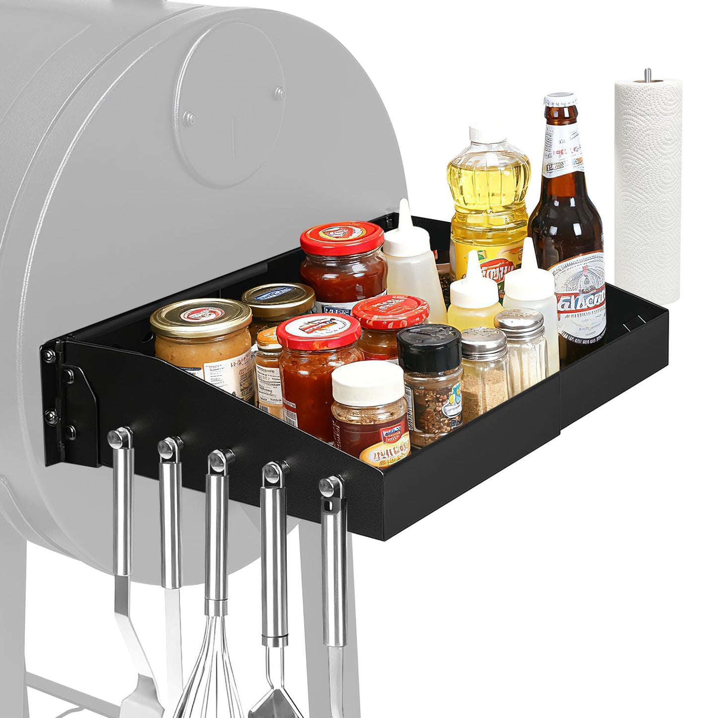 GRISUN Adjustable Folding Grill Side Shelf for Pit Boss 540 & 700FB, Side Prep Table with 5 Tool Hooks for Camp Chef, Char-Griller & Dyna-Glo Grills