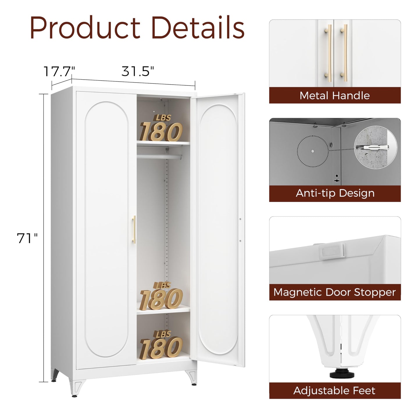 Kubohogar 71" White Wardrobe Closet with 2 Doors, Metal Armoire Wardrobe Cabinet with Hanging Rod and Adjustable Shelves, Clothing Storage Cabinets for Bedroom, Laundry Room, Home Office