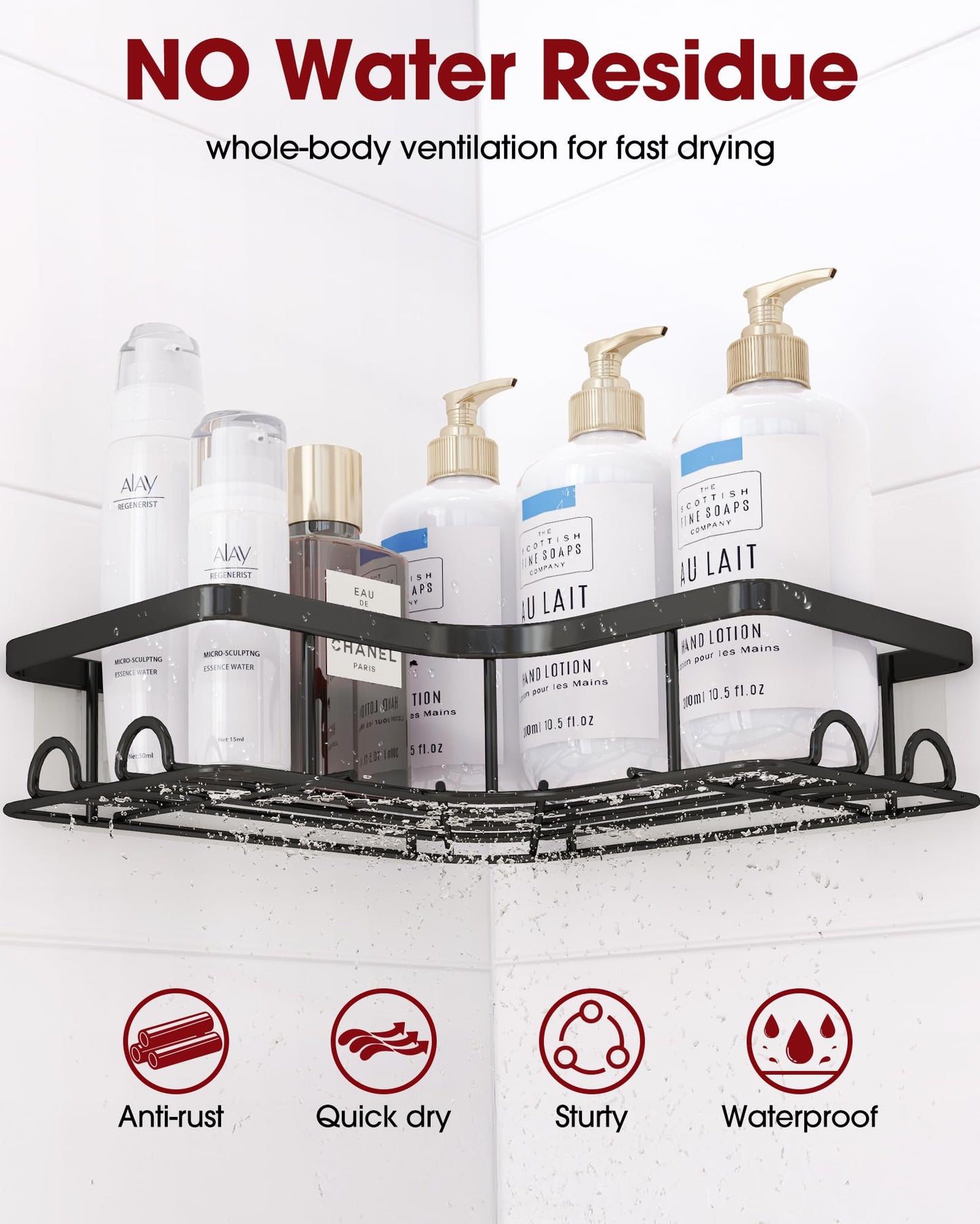 Sakugi Corner Shower Caddy - 2 Pack, Adhesive Shower Organizers, Rustproof Stainless Steel Shower Shelves with 8 Hooks, No Drilling Bathroom Organizers and Storage Racks, Space-Saving, Black, Medium