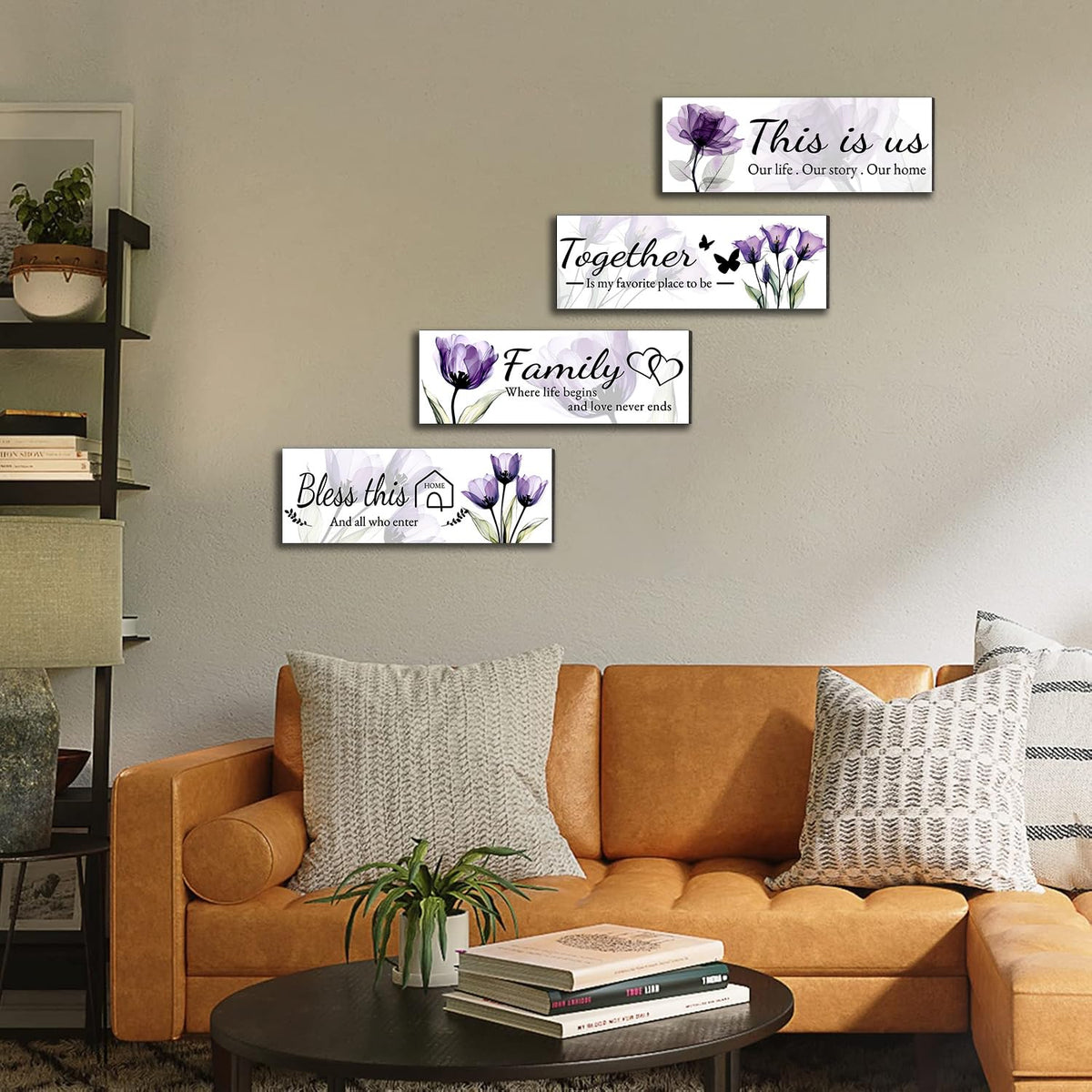 Rurpali 4 Pcs X-ray Purple Flowers Living Room Wall Decor, Motivational Family Wall Art for Living Room Bedroom, Rustic Wooden Farmhouse for Home Decor, 12 x 4 Inch