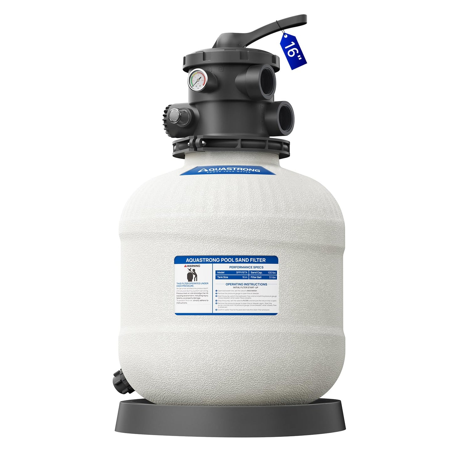 AQUASTRONG 16" Pool Sand Filter Tank with 6-Way Valve, Sand Filter for Above Ground Pools Up to 16,000 Gallons, Replacement for Cartridge Filters