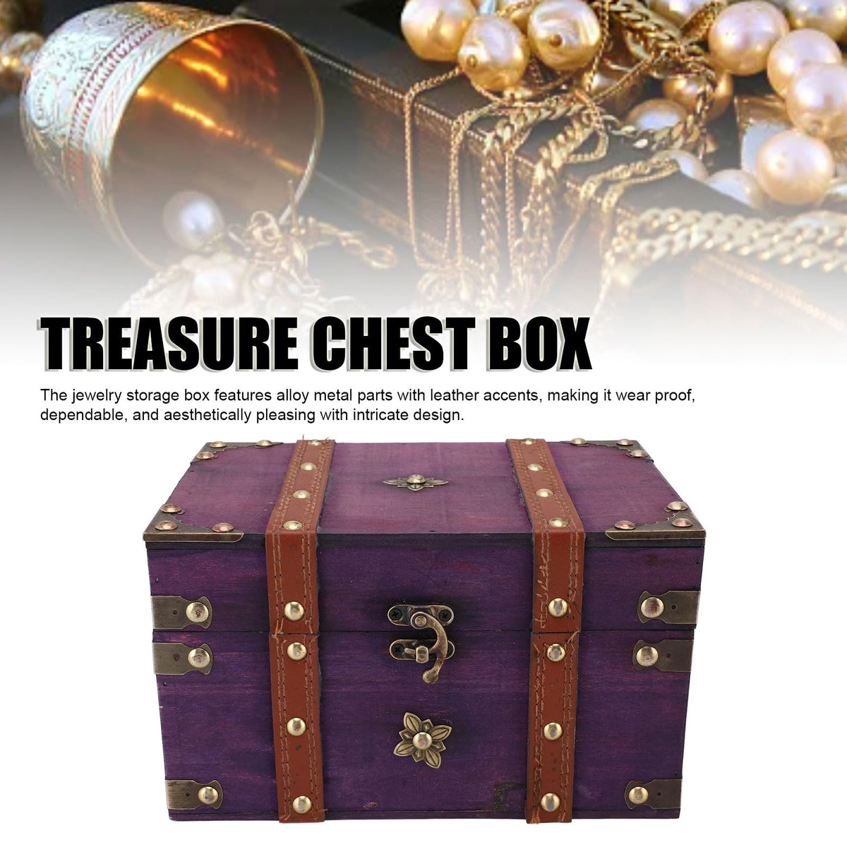 Vintage Treasure Chest Box, Wooden Jewelry Storage Organizer, 8.5x6x5in