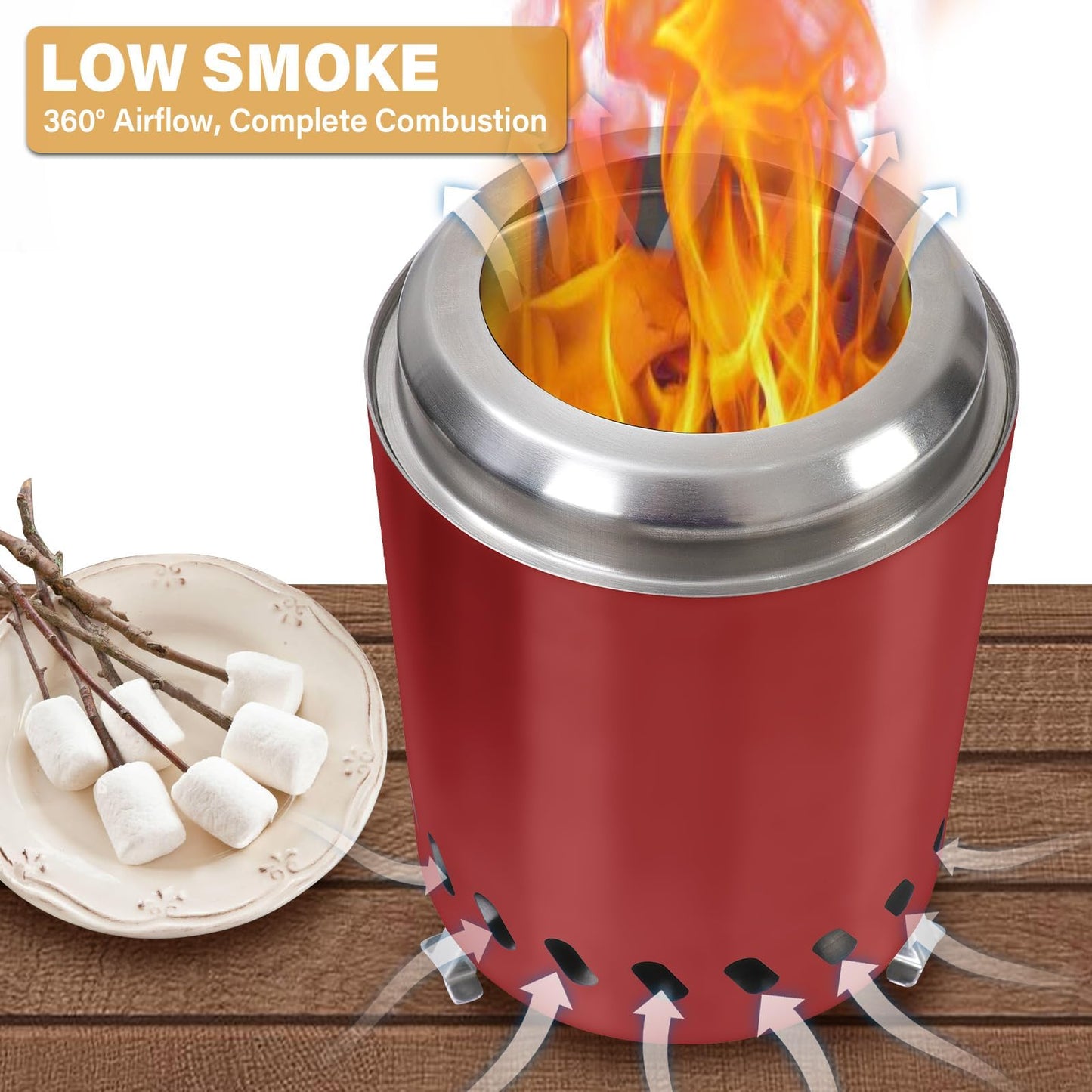 HGD 9.6 x 7.1 in Small Tabletop Fire Pit, Portable Mini Smokeless Table Top Firepit, Low Smoke Camping Stove for Outdoor & Patio, Fueled by Pellets or Wood, with Travel Bag, Stainless Steel, Red