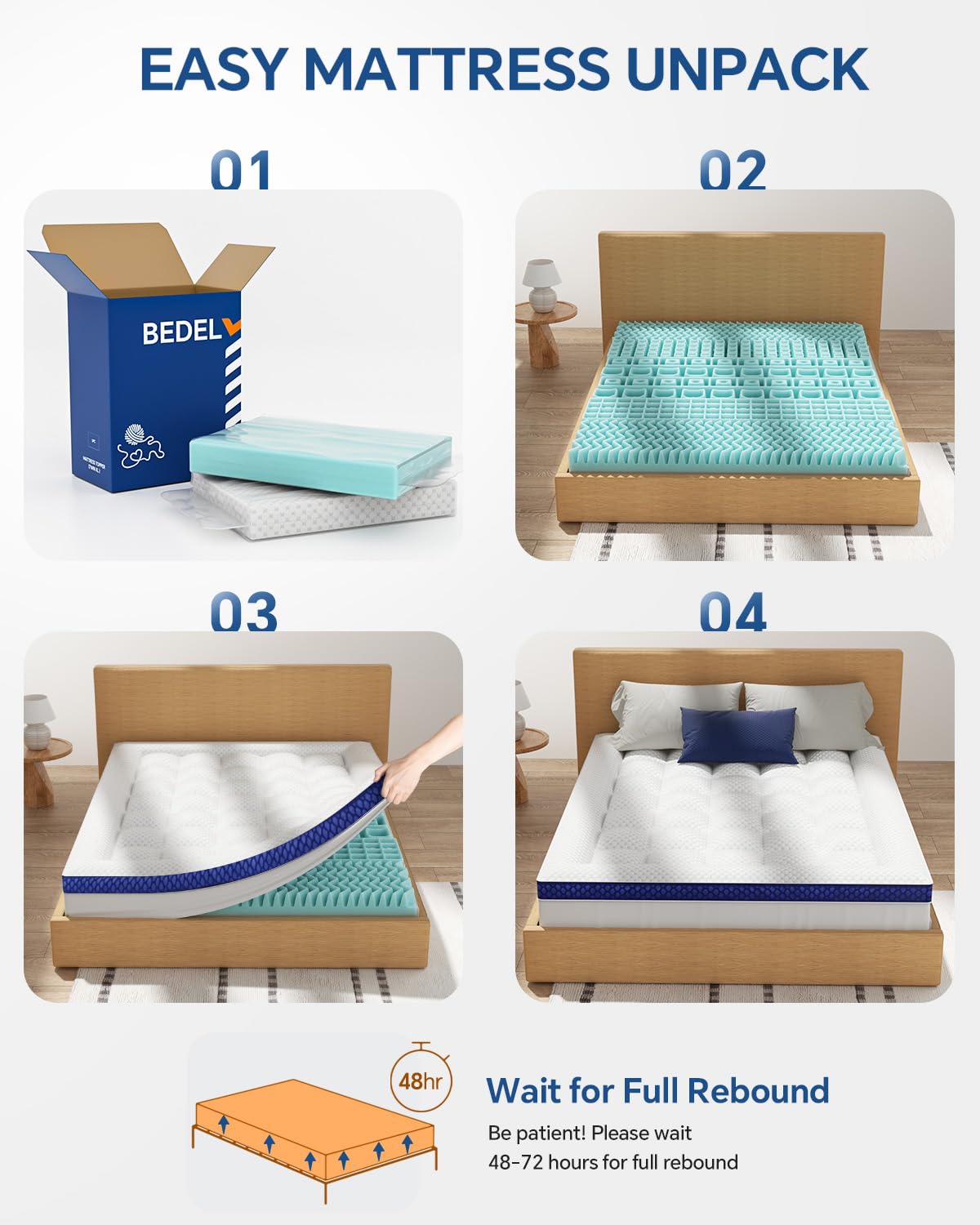 BEDELITE Twin XL Mattress Topper College Dorm Room Essentials, Dual Layer 4 Inch Memory Foam Mattress Topper, 2 Inch Pilow Top Mattress Pad and 2 Inch Gel Foam Mattress for Pressure Relief