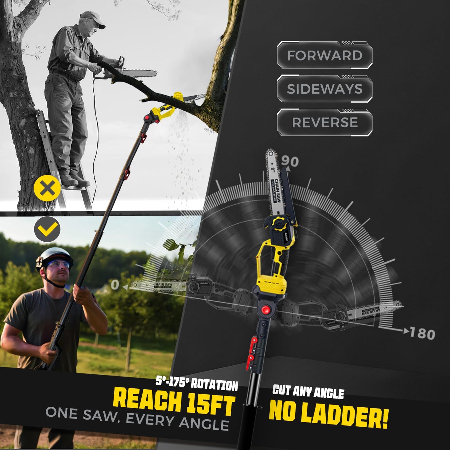 Brushless 2-IN-1 Cordless Pole Saw & Mini Chainsaw, 2× 21V 4.0Ah Battery 8 Inch Chain, Max Reach 16 Ft & Multi-Angle Electric Pole Saw for Tree Trimming, Pole Saw Battery Powered for Branch Cutting