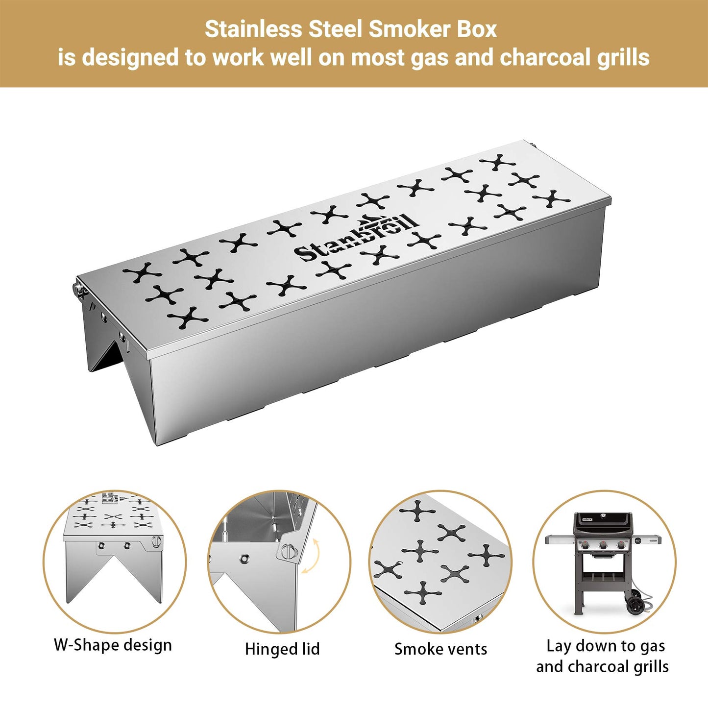 Stanbroil Stainless Steel Smoker Box for Gas Grilling, Wood Chip Smoking Box for Enhanced Smoke Flavor, Double V-Shape Design and Hinged Lid for Gas & Charcoal Grill