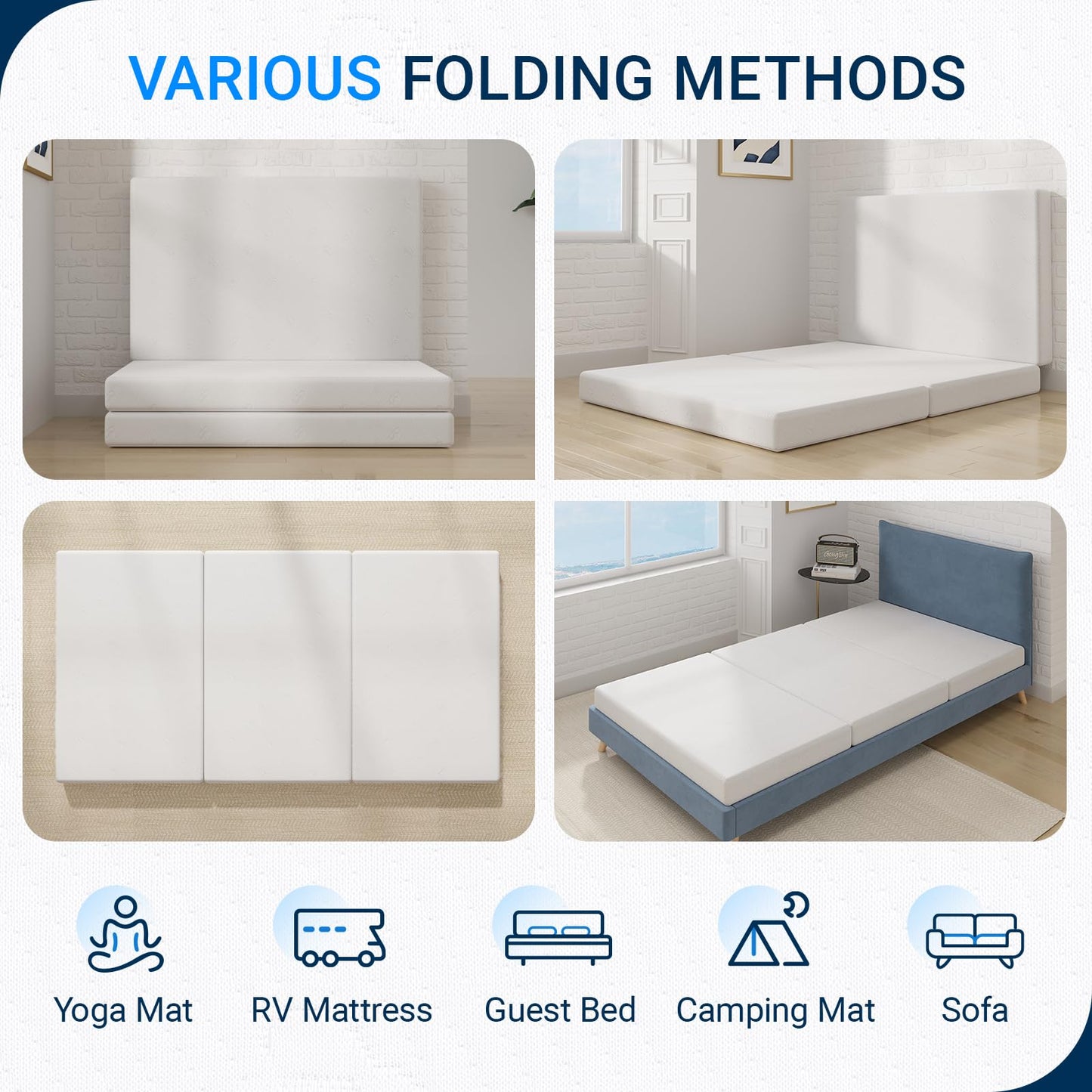 Avenco Folding Mattress Topper, 4 Inch Trifold Mattress, Full Size Folding Mattress for Indoors, RV/Camper Van, Travel, Camping, Guest Room-Breathable Cover & Non-Slip Bottom