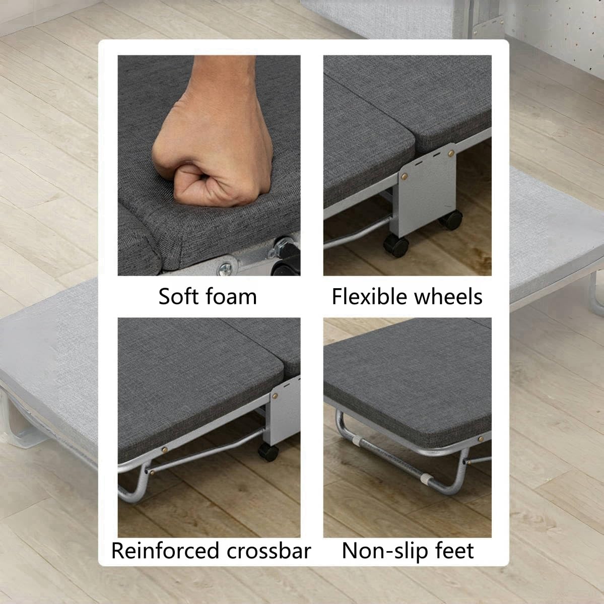 HAQNIWA Portable Folding Bed, Metal Frame, with Wheels for Easy Storage, for Offices, Lounges and Bedrooms