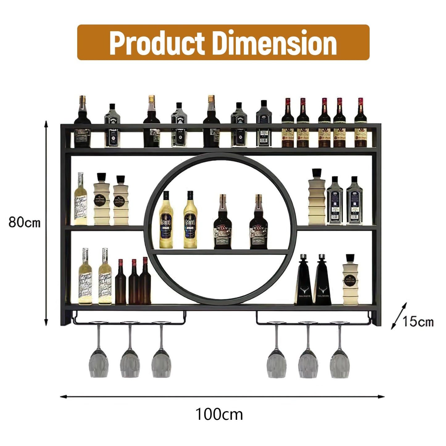 TONGBOSHI Metal Wine Rack Wall Mounted with LED Light, Modern 3-Tier Glass Holder and Stemware Shelves for Kitchen, Bar, Dining Room (Black, 100cm/39.4in)