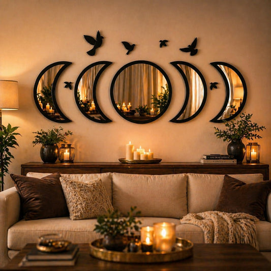 NESHE Moon Phase Mirror Wall Decor Set with Birds | Gothic Witchy Boho Wall Mirror Decor | Scandinavian Aesthetic Home Decor for Bedroom Living Room (Black)
