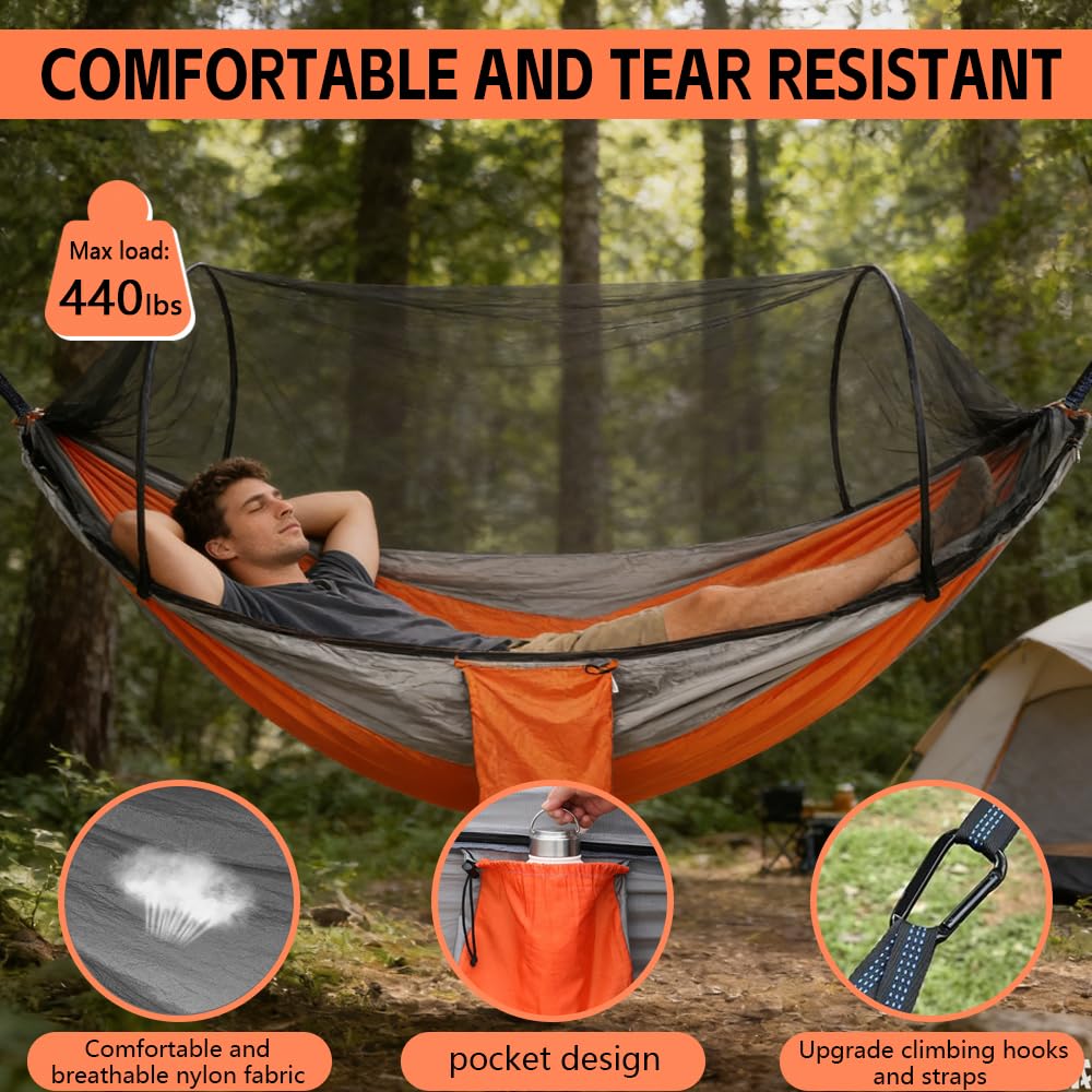 Camping Hammock with Mosquito Net - Double & Single Portable Hammocks with 2 Tree Straps, Lightweight Hammock Tent for Outdoor Camping, Hiking, Backpacking, Beach & Backyard (Orange)