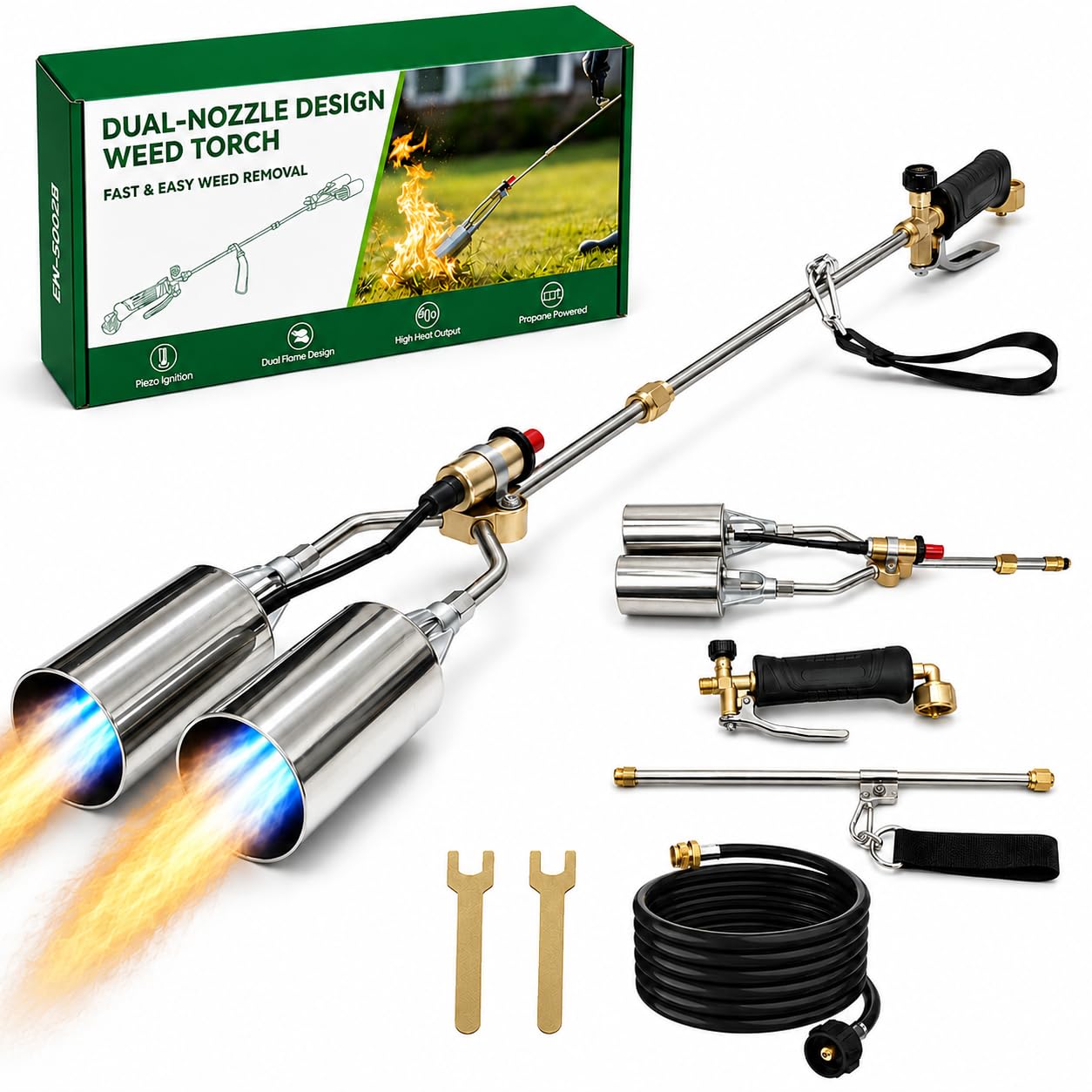 Dual-Nozzle Propane Weed Torch, Heavy Duty Weed Burner Torch with 11.5 FT Hose, Trigger Ignition & Adjustable Flame, Outdoor Propane Torch for Garden, Driveway, Patio, Wood, Ice and Snow, Black