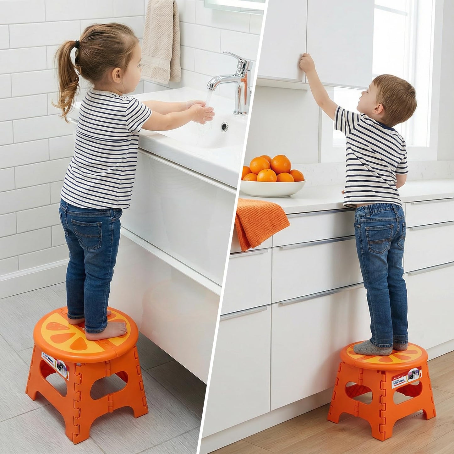 ACSTEP Folding Step Stool 9 Inch, Sturdy Collapsible Step Stool Foldable Up to 265 lbs for Kids Toddlers & Adults, Non Slip Foot Stools with Handle for Kitchen, Bathroom, Bedroom, Outdoor, Orange