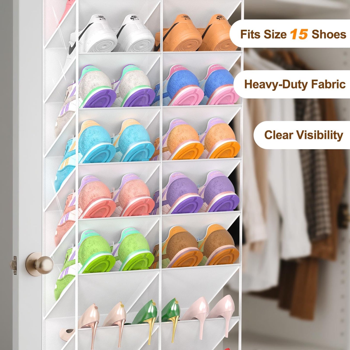 UVIAHOMI 20-30 Pairs Over the Door Shoe Organizer, Clear Pockets Hanging Shoe Storage for Closet, 10-Tier Door Shoes Rack, Handing Shoes Holder Fit All the Family's Sneakers, Boots, Heels, White