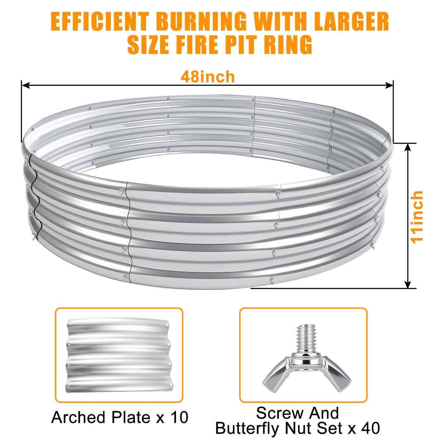 Heavy Duty 48 Inch Fire Pit Ring - 0.8mm Thick Galvanized Steel, Rust Resistant, Tool-Free Assembly, Large Outdoor Fire Pit for Camping, Backyard, Patio, Garden, Also Use as Planter