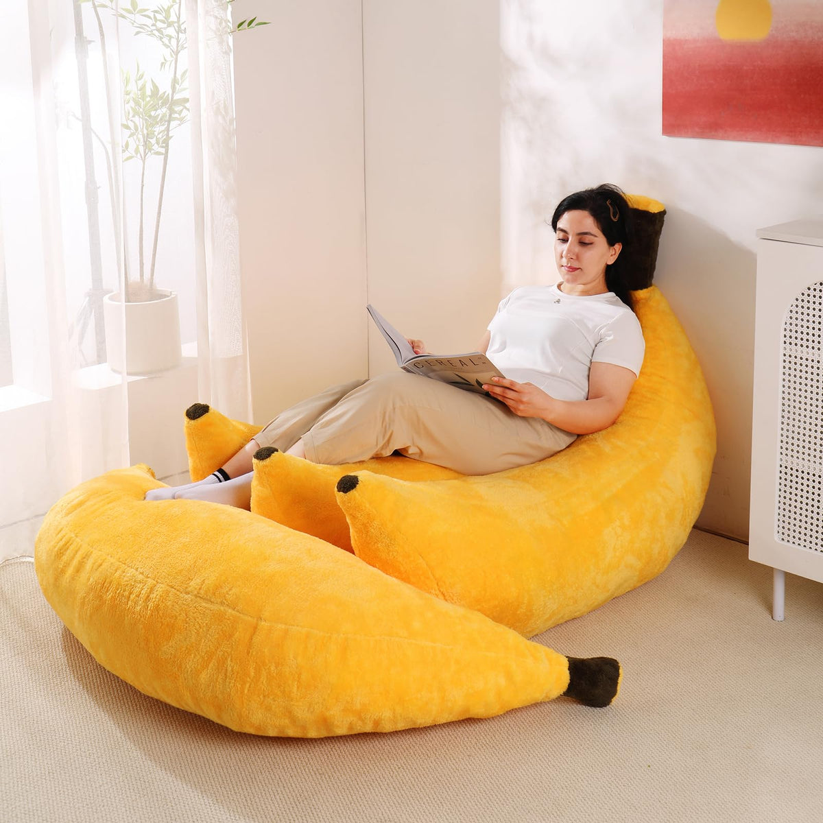 IEVENW Banana Bean Bag Chair with Ottoman, Floor Sofa Bed with Footrest