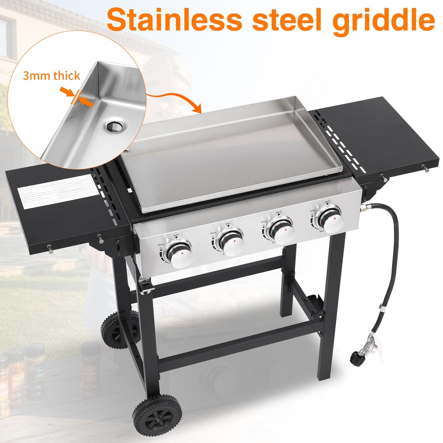 Flat Top Gas Griddle Grill with Stainless Steel Griddle, Includes Dust Cover & Regulator, Perfect for Camping & Tailgating (4-Burner)