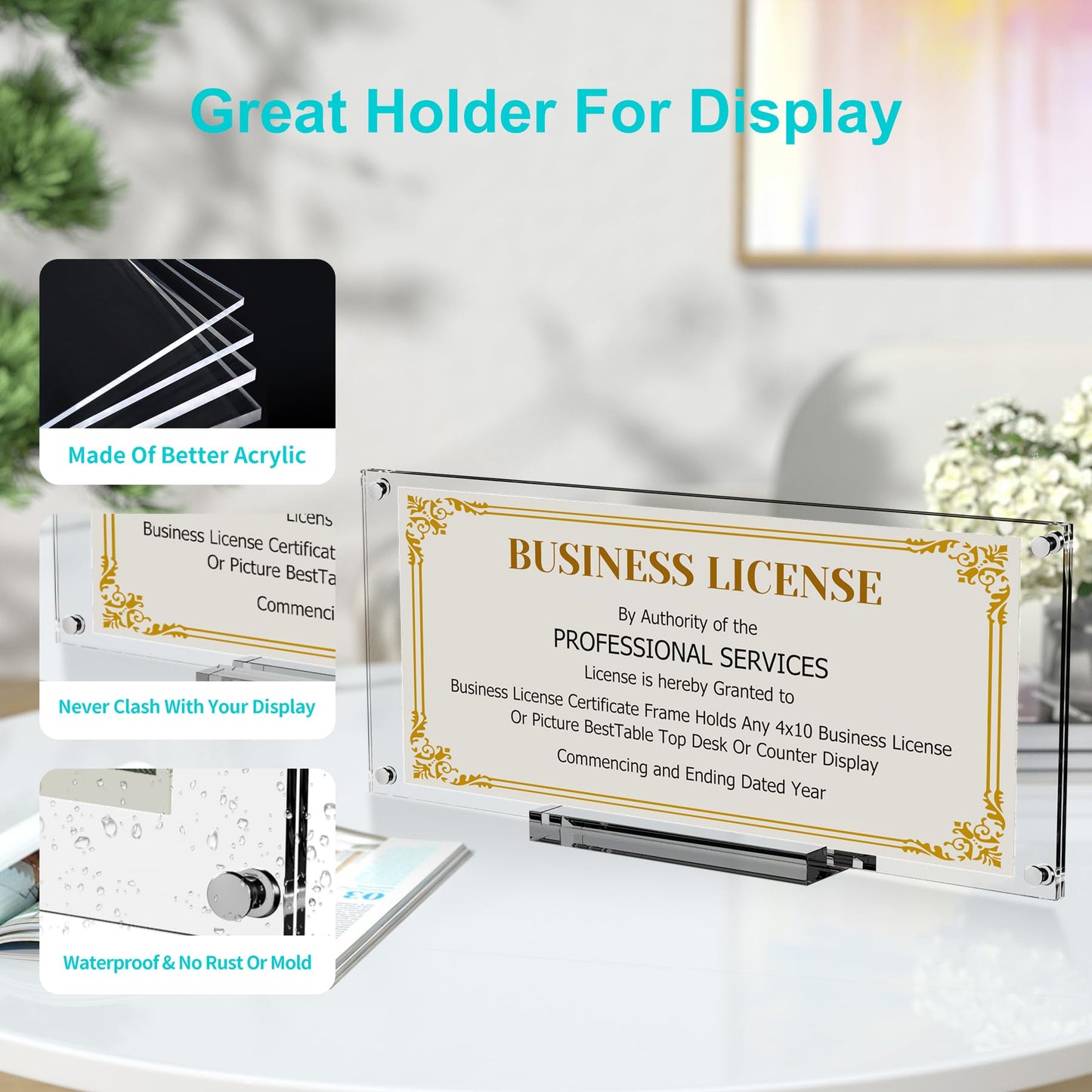 Boloyo Acrylic Business License Display Frame, 10 inch 1PC Clear Display Stand Holder Easel Base Protector for 4x9 Business License Certificate Collectors