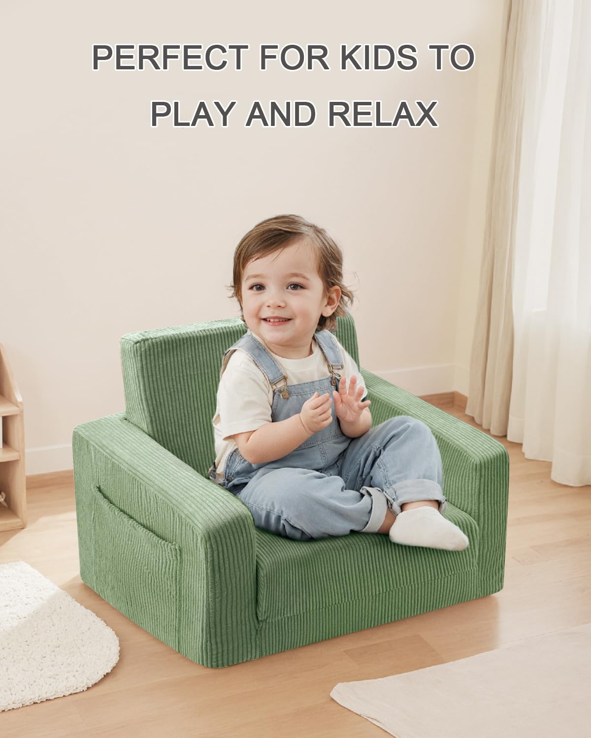 Jouha Toddle & Kids Chair,2-in-1 Soft Toddler Couches that Fold Out,Toddler Chairs Comfy 1-3 Years Old,Convertible Sofa to Lounge,Green