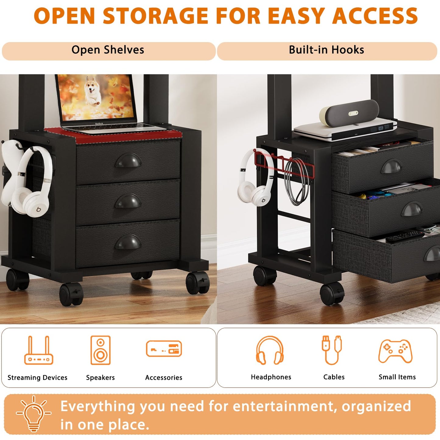 Rolling TV Stand with 3 Drawers for 23-60 Inch TVs with Storage