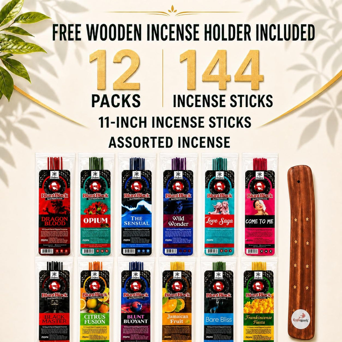 Krishnascents Blunt Black Incense Sticks, 12 Assorted Packs, 144 Count