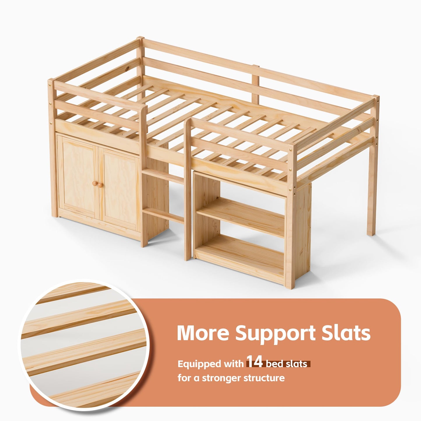 TOLEAD Wood Low Loft Bed Twin Size with Storage Cabinet, Shelf and LED Lights, Wooden Kids Loft Bed with 14" H Safety Guardrail, Ladder and Under-Bed Play Space, Natural Wood
