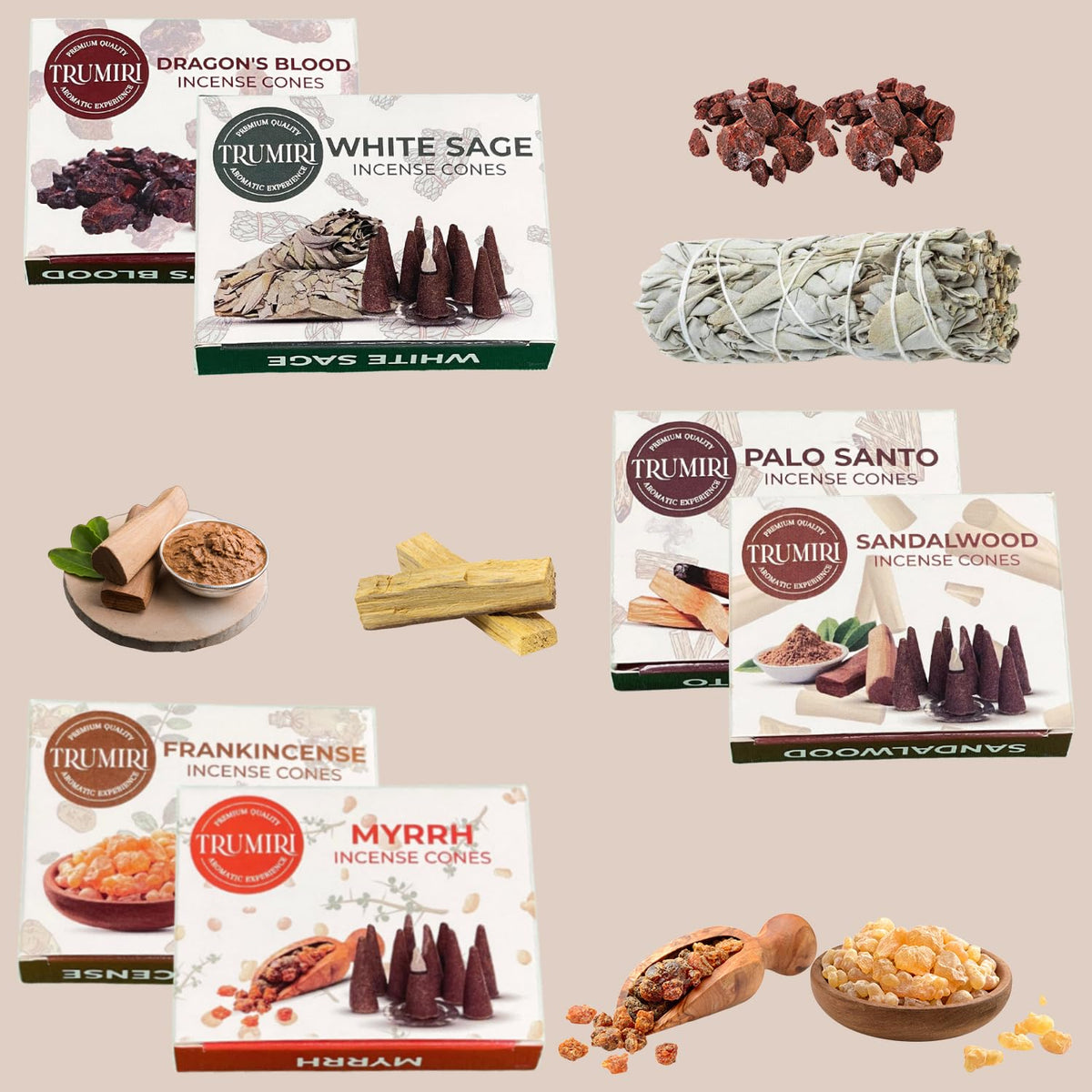 Trumiri Woody Incense Cones - Variety Pack - Total 60 Cone Incense (6 Scents x 10 Conos) - White Sage, Palo Santo, Dragons Blood, Sandalwood - Inscents-Cones Scented - Insense Cones - Incent Cone